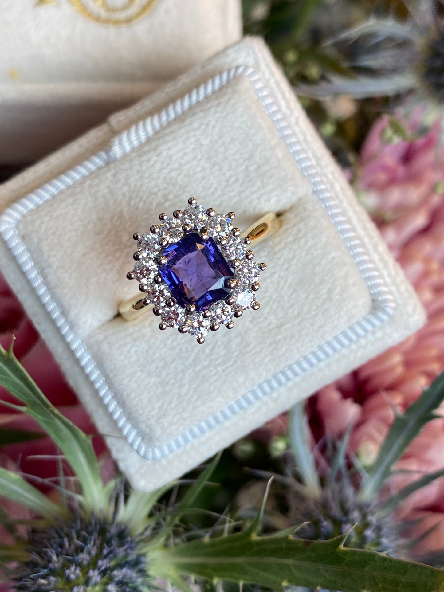 1.31 Carat Purple Sapphire and 0.60ctw Natural Diamond Halo Ring in Platinum and 18ct Gold