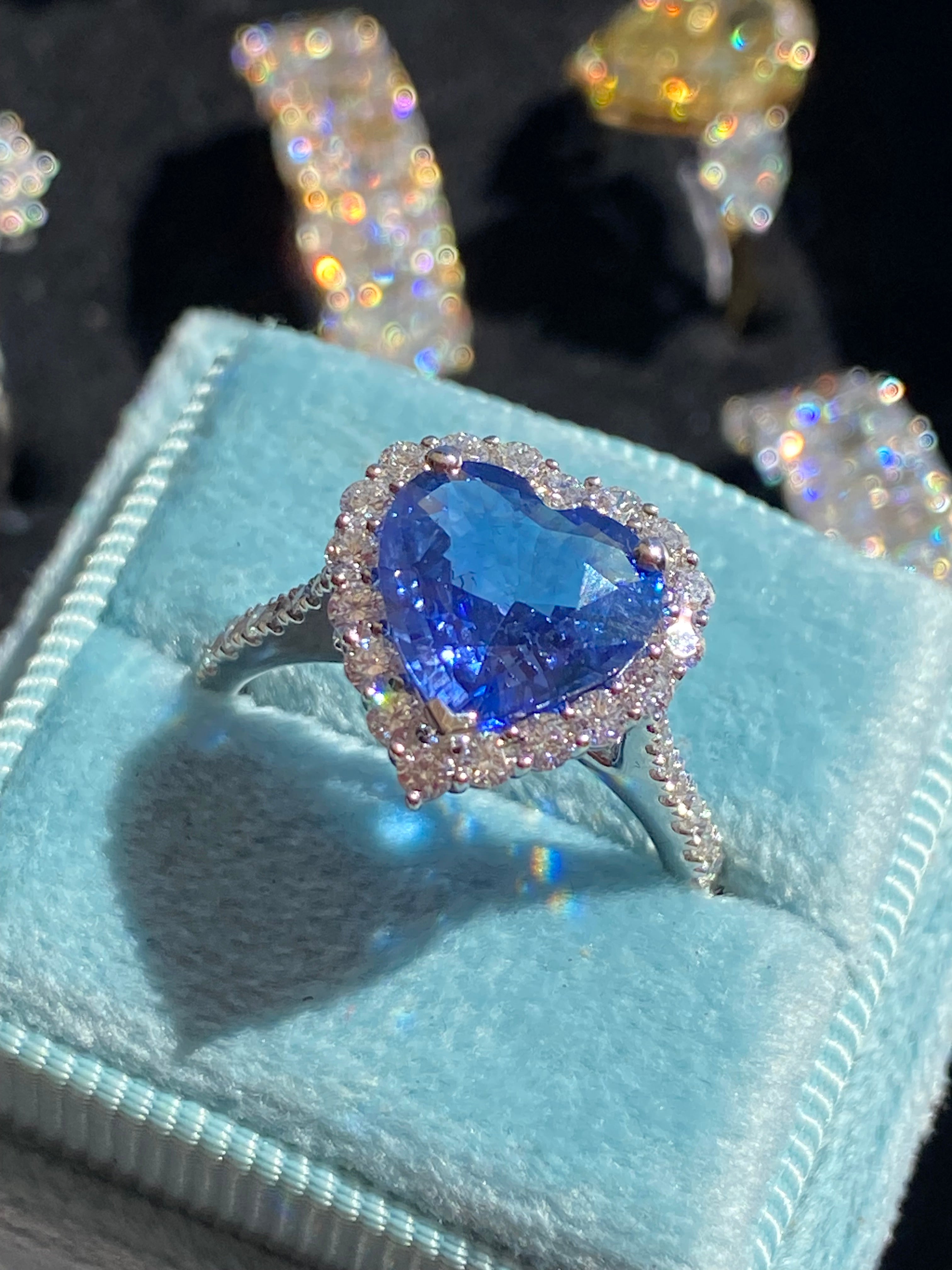 2.56 Carat Heart Shape Ceylon Sapphire and Natural Diamond Halo Ring in Platinum