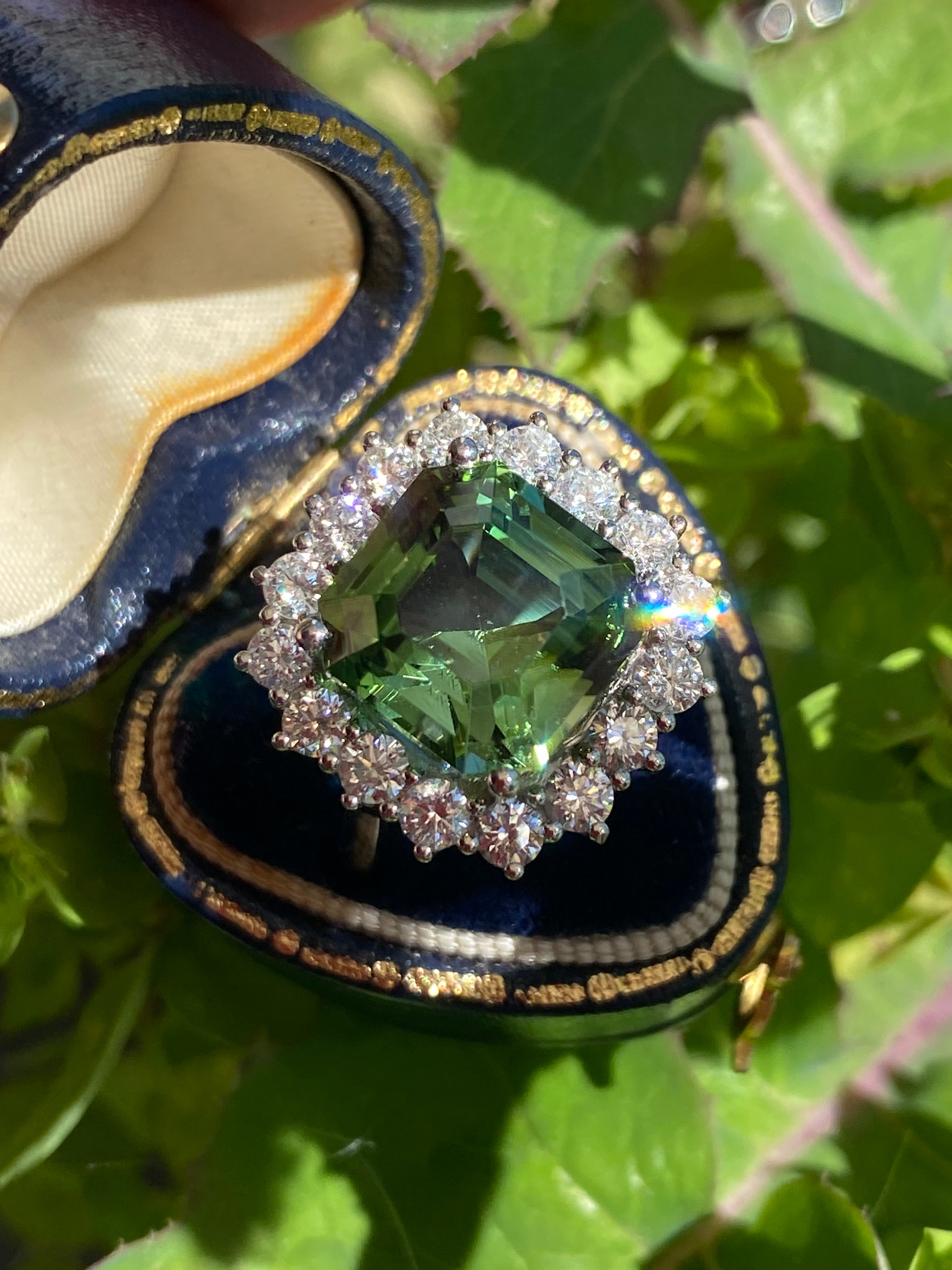 8.44 Carat Asscher Cut Green Tourmaline and 1.38ctw Natural Diamond Ring in Platinum