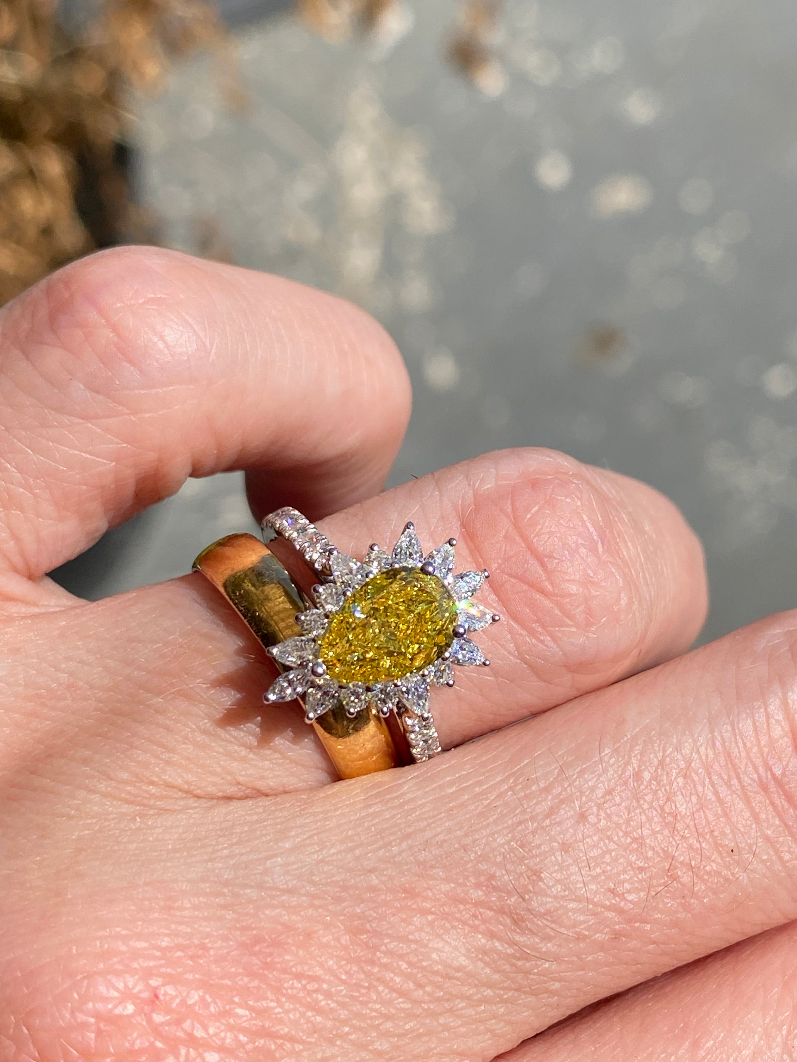 2.35 CTW Pear Cut Fancy Yellow Lab Diamond Halo Engagement Ring in Platinum