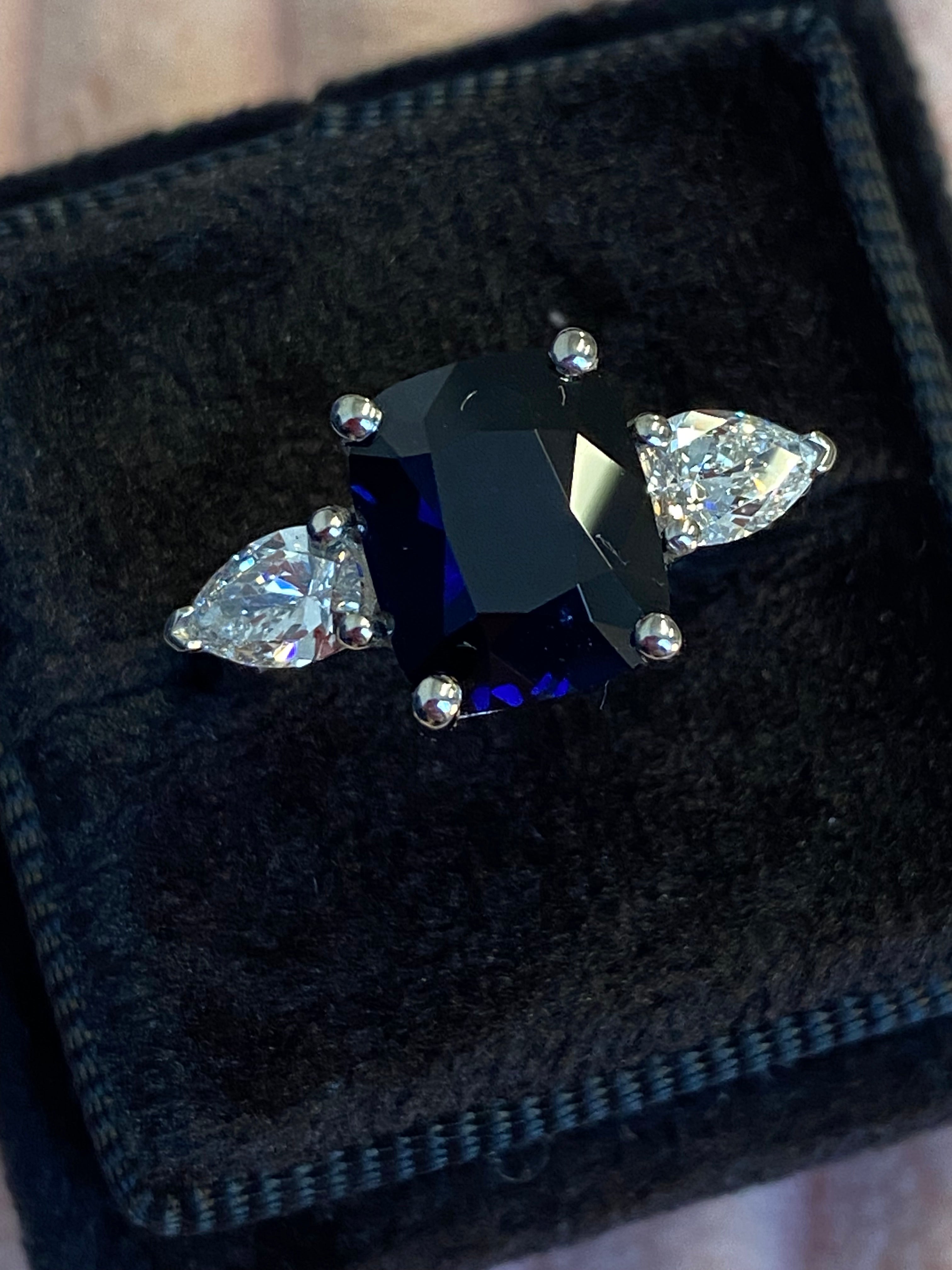 4.04 CTW Deep Blue Ceylon Sapphire and Natural Diamond Three Stone Engagement Ring in Platinum