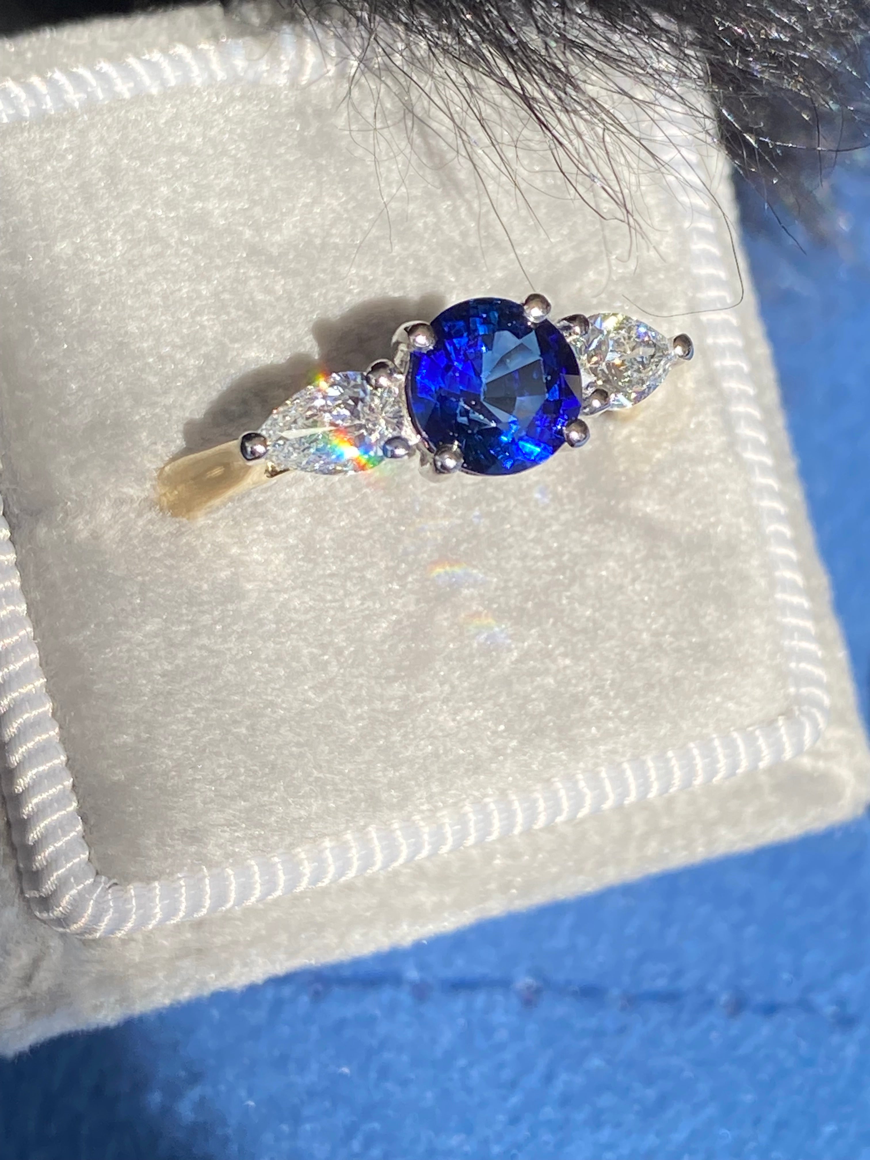1.52 CTW Blue Ceylon Sapphire and Natural Diamond Three Stone Engagement Ring in Platinum and 18ct Yellow Gold