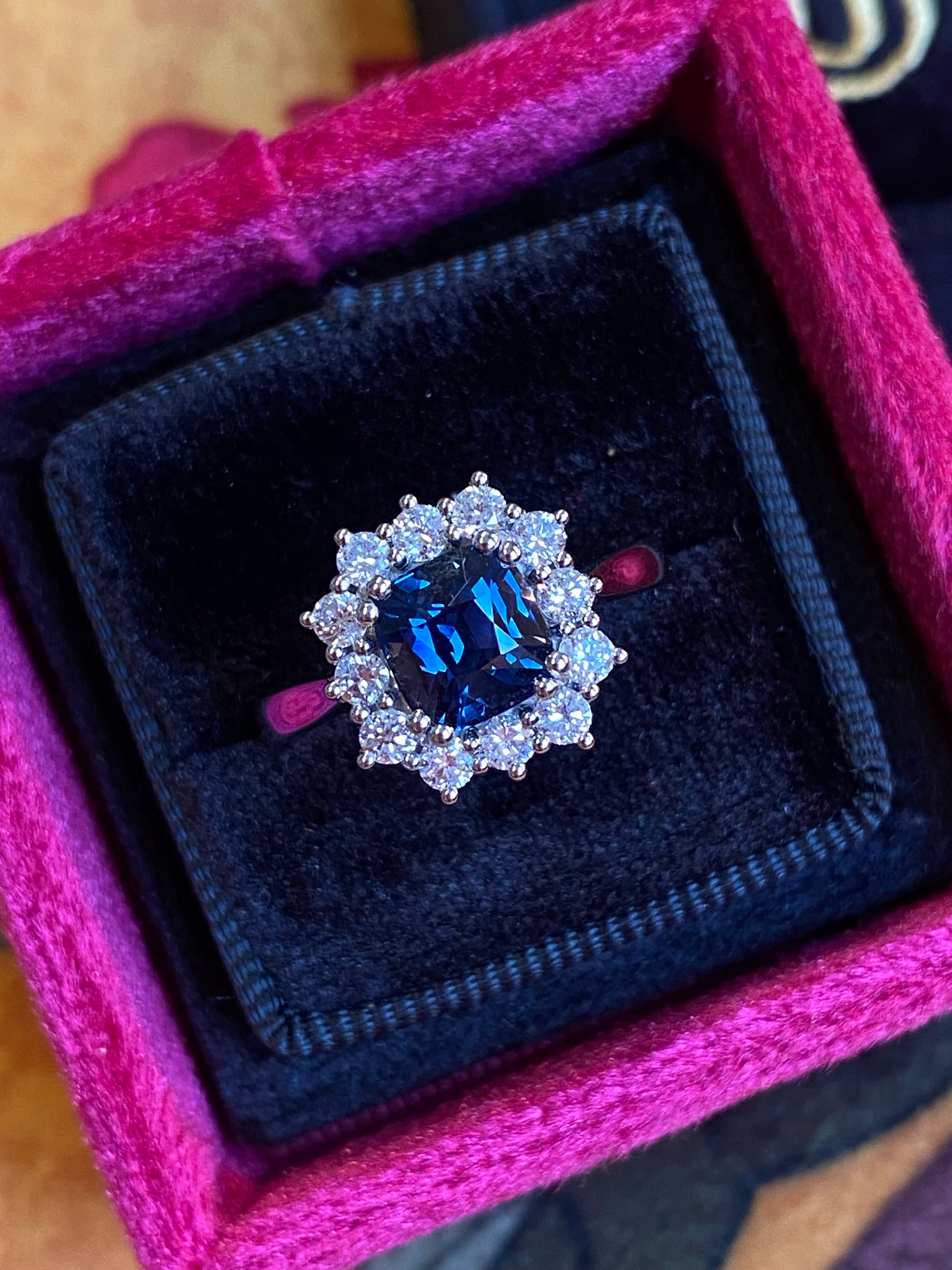 2.00 Carat Cushion Cut Teal Sapphire and Natural Diamond Halo Ring in Platinum