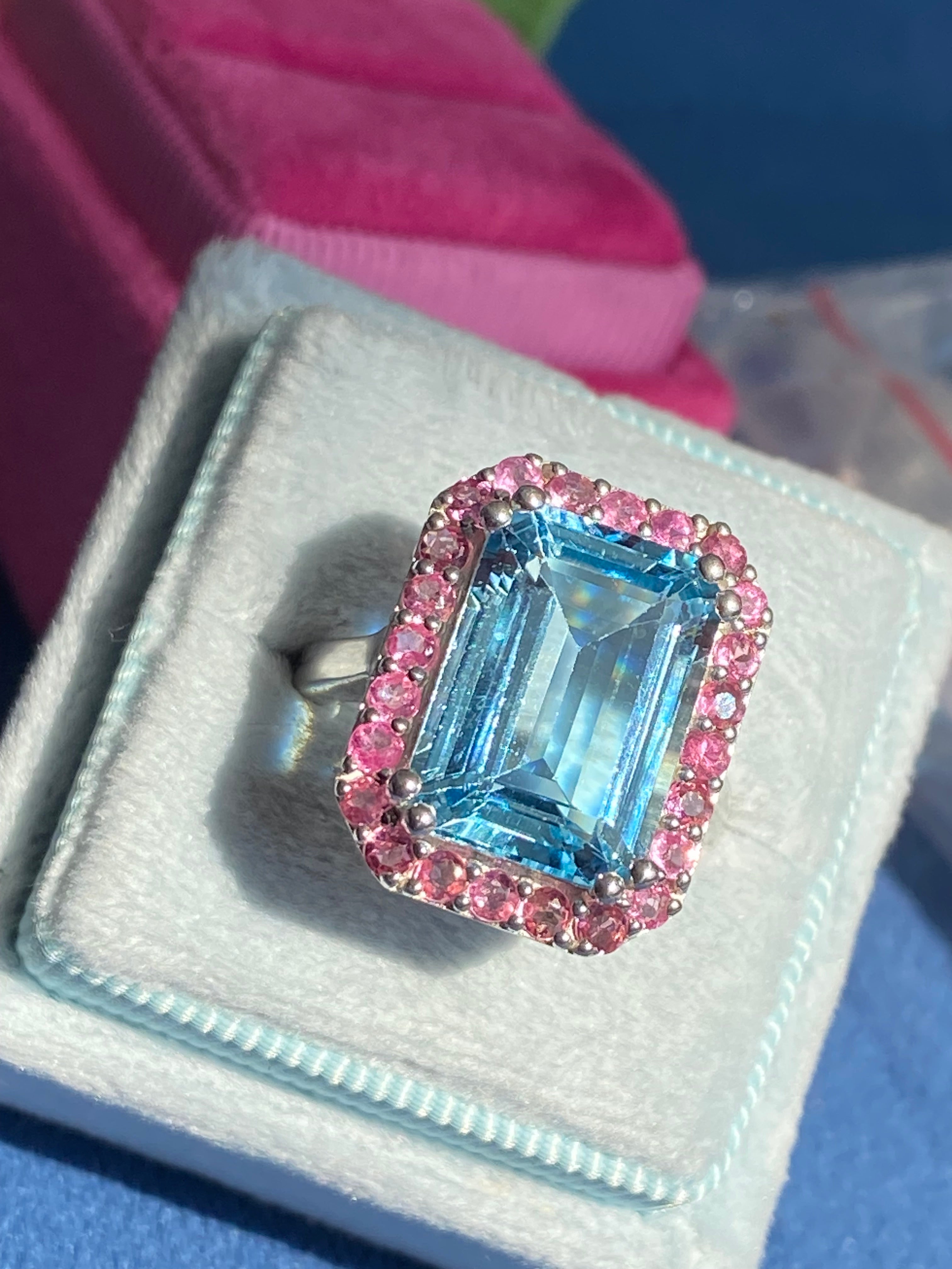 6.50 CTW Blue Topaz and Pink Tourmaline Halo Ring in Sterling Silver