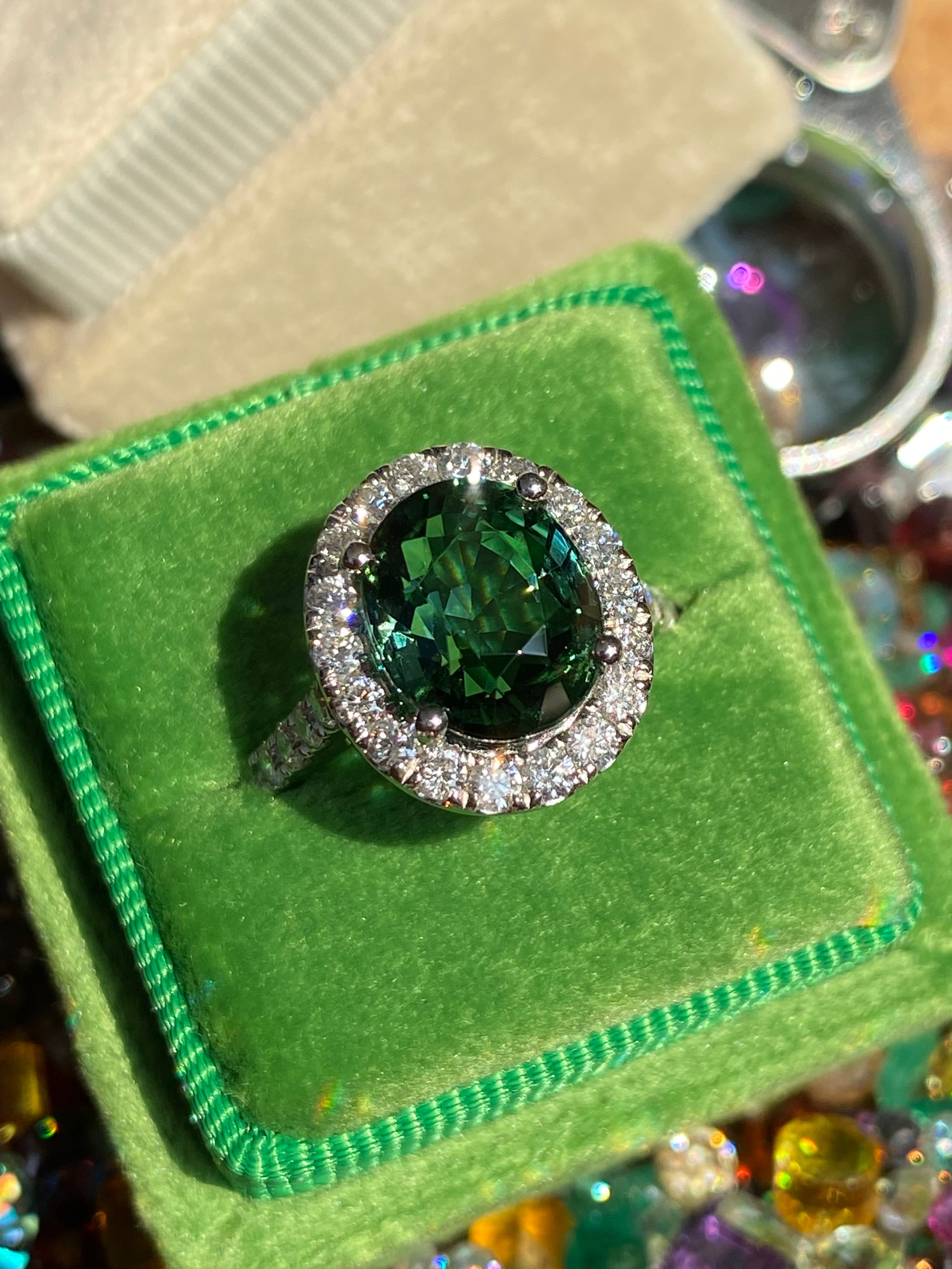 5.45 CTW Green Tourmaline and Natural Diamond Halo Ring in Platinum