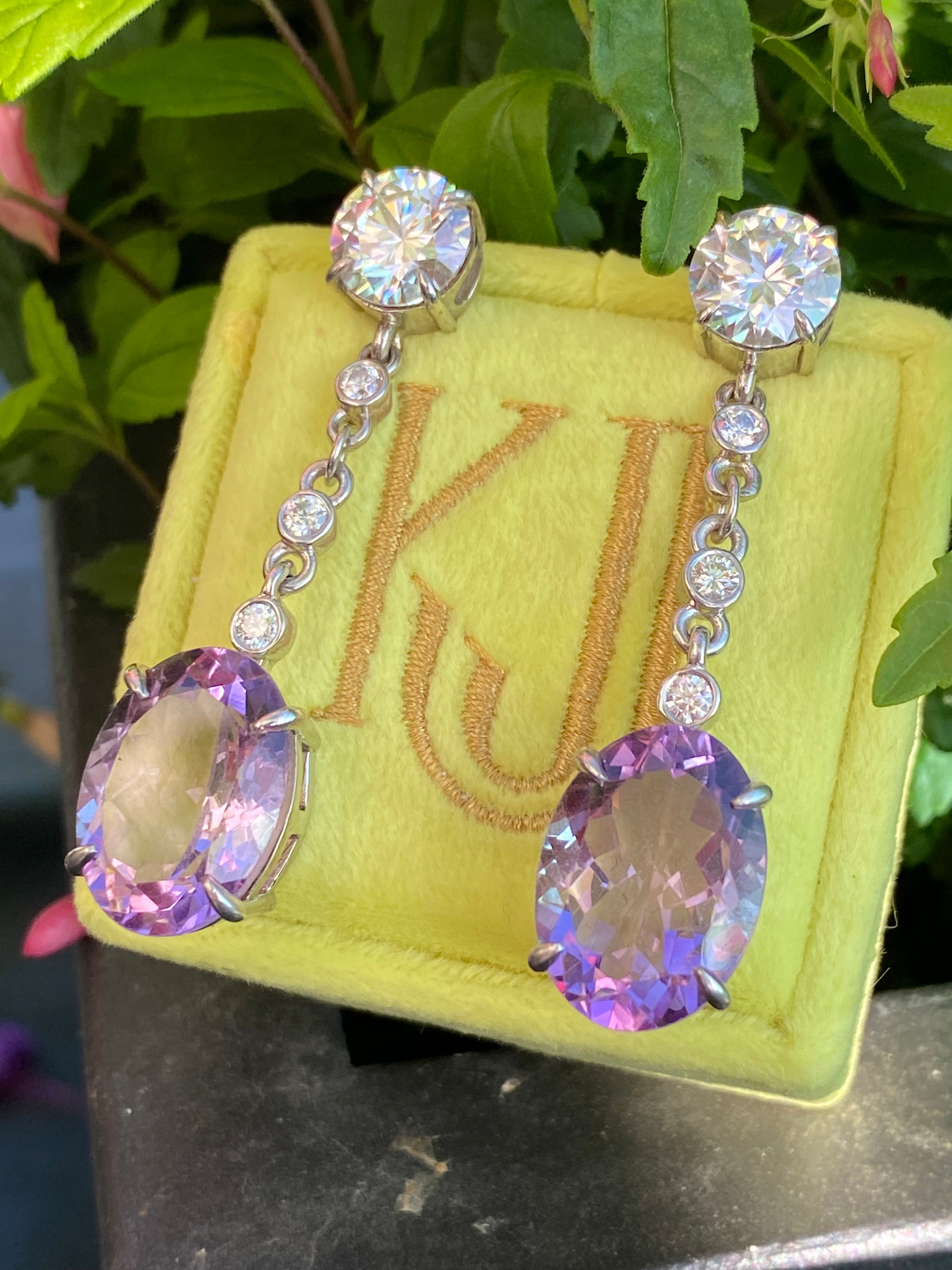 28.00 Carat Oval Cut Rose de France Amethyst and Moissanite Earrings in Sterling Silver