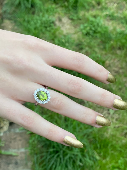 2.33 CTW Oval Cut Peridot and Moissanite Halo Cocktail Ring in Sterling Silver