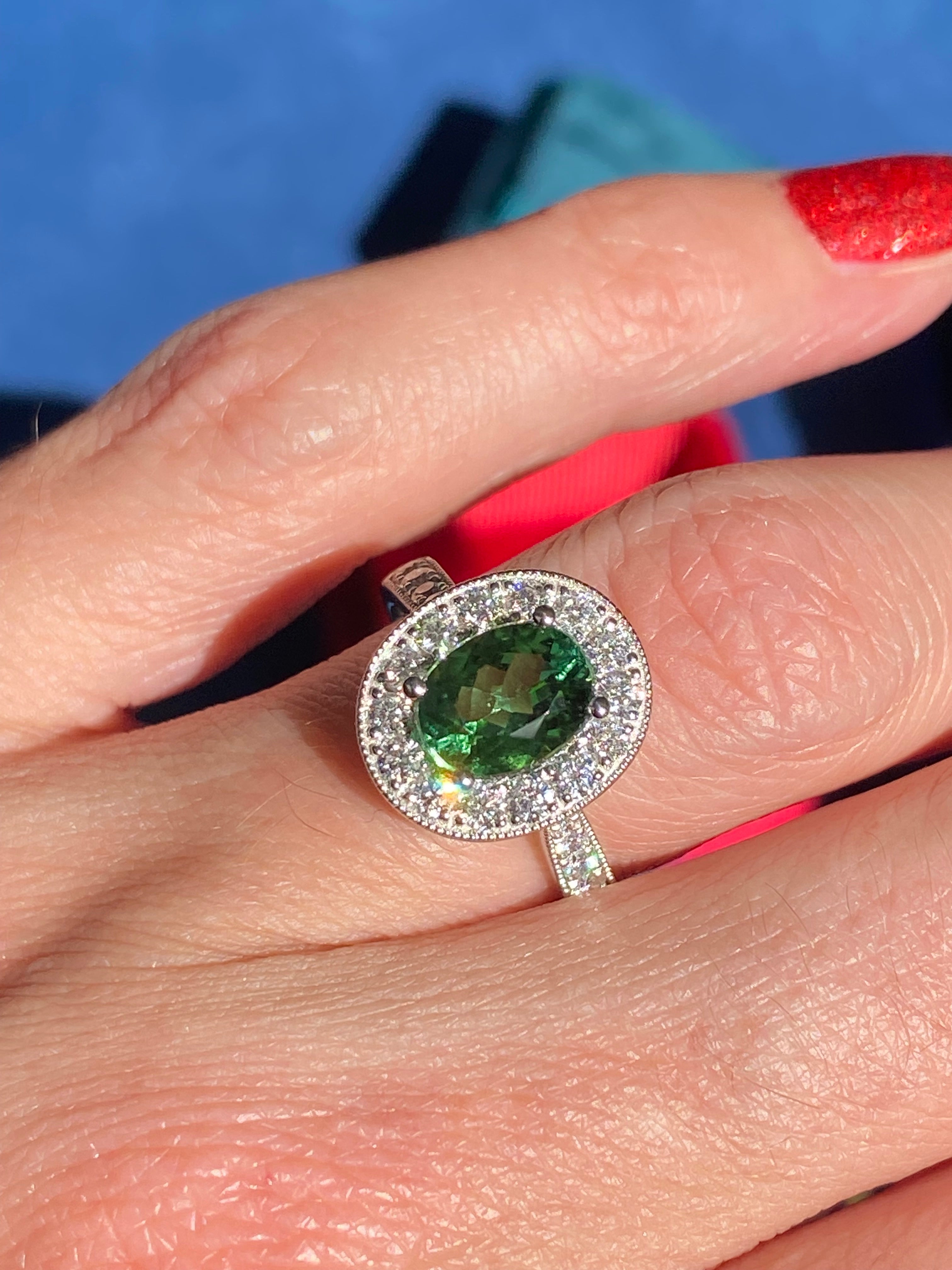 1.66 Carat Oval Cut Mint Tourmaline and 0.66 CTW Natural Diamond Ring in Platinum