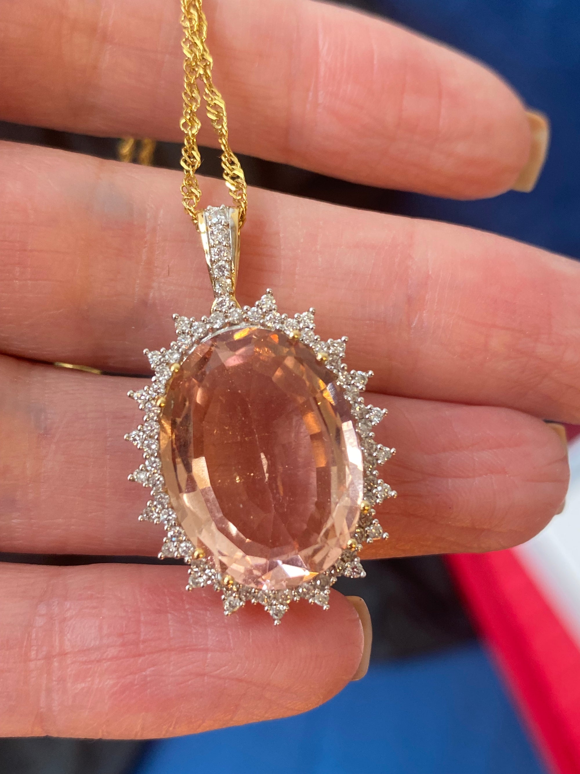 15.00 Carat Morganite and Diamond Pendant Necklace in 18ct Yellow Gold