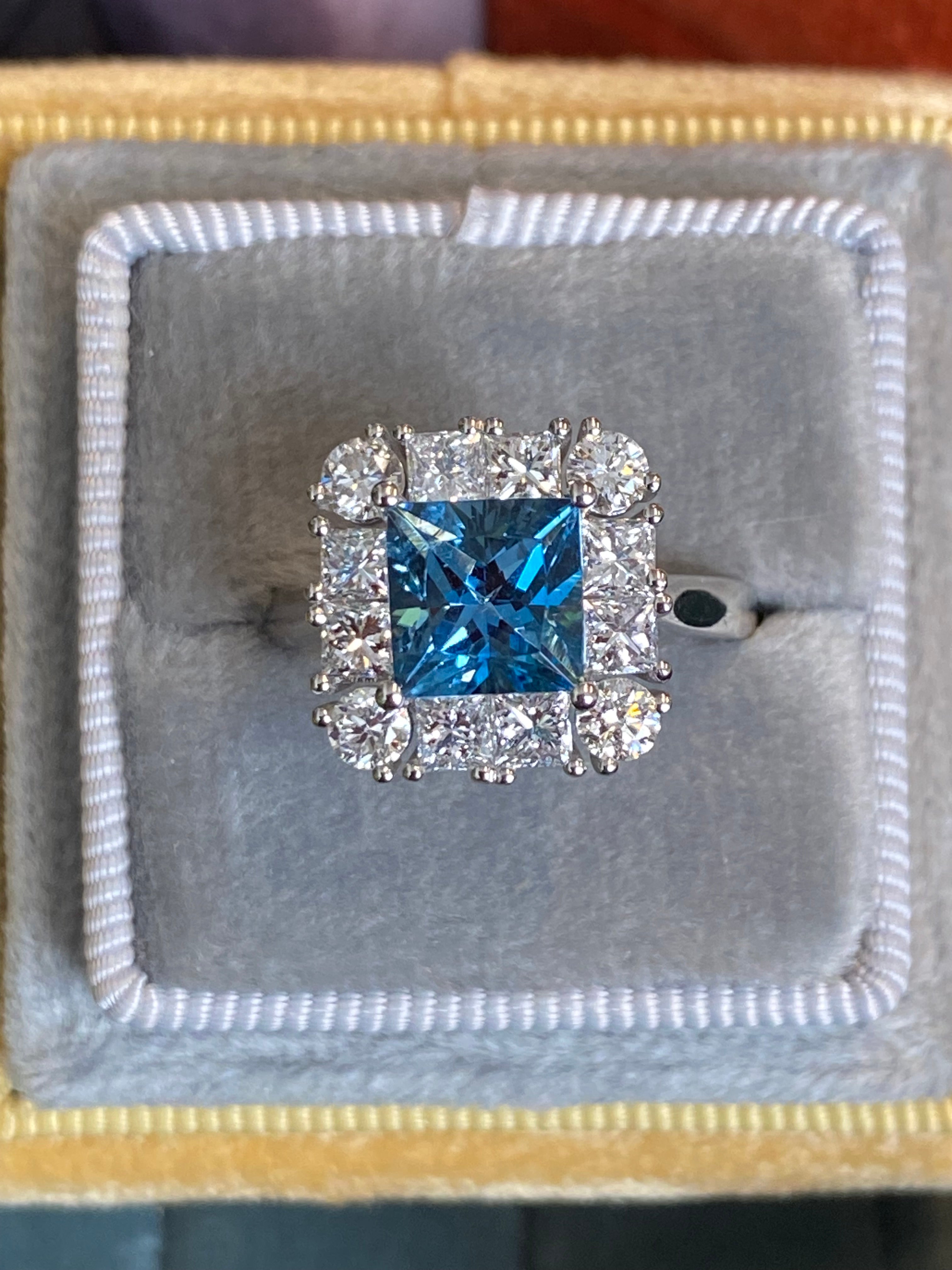 1.55 Carat Princess Cut Aquamarine and 1.32 CTW Natural Diamond Halo Engagement Ring in Platinum