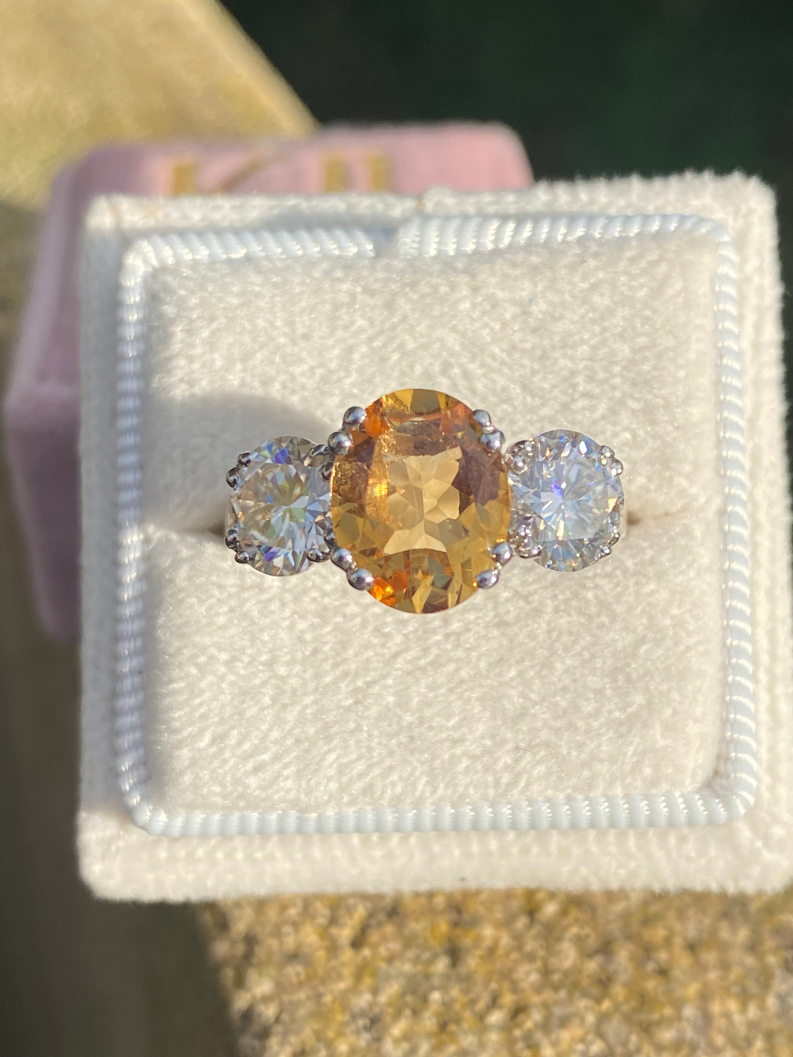 2.57 Carat Citrine and 1.84 Carat Moissanite Three Stone Ring in Sterling Silver