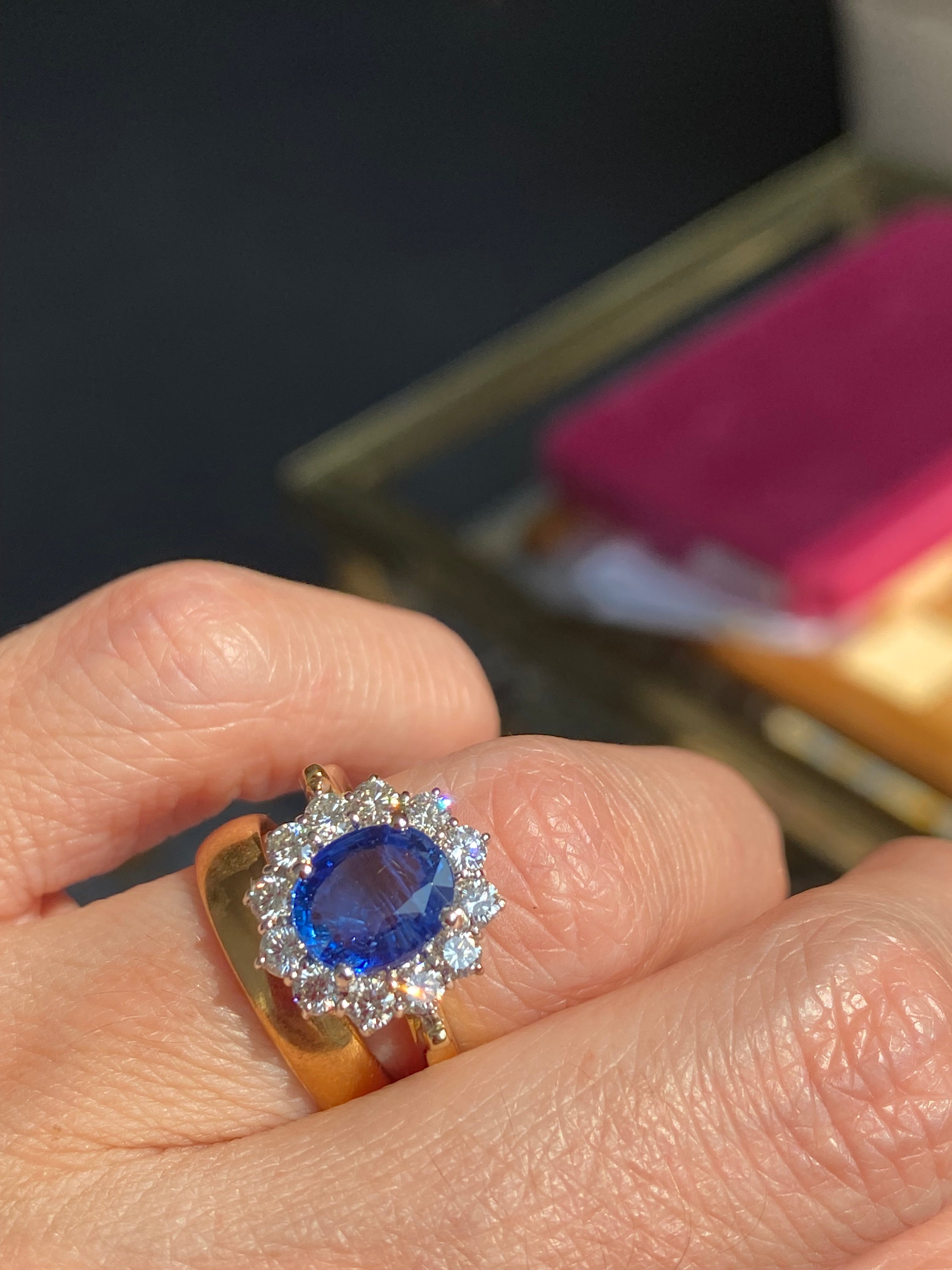 3.31 CTW Ceylon Sapphire and Natural Diamond Halo Ring in 18ct Gold