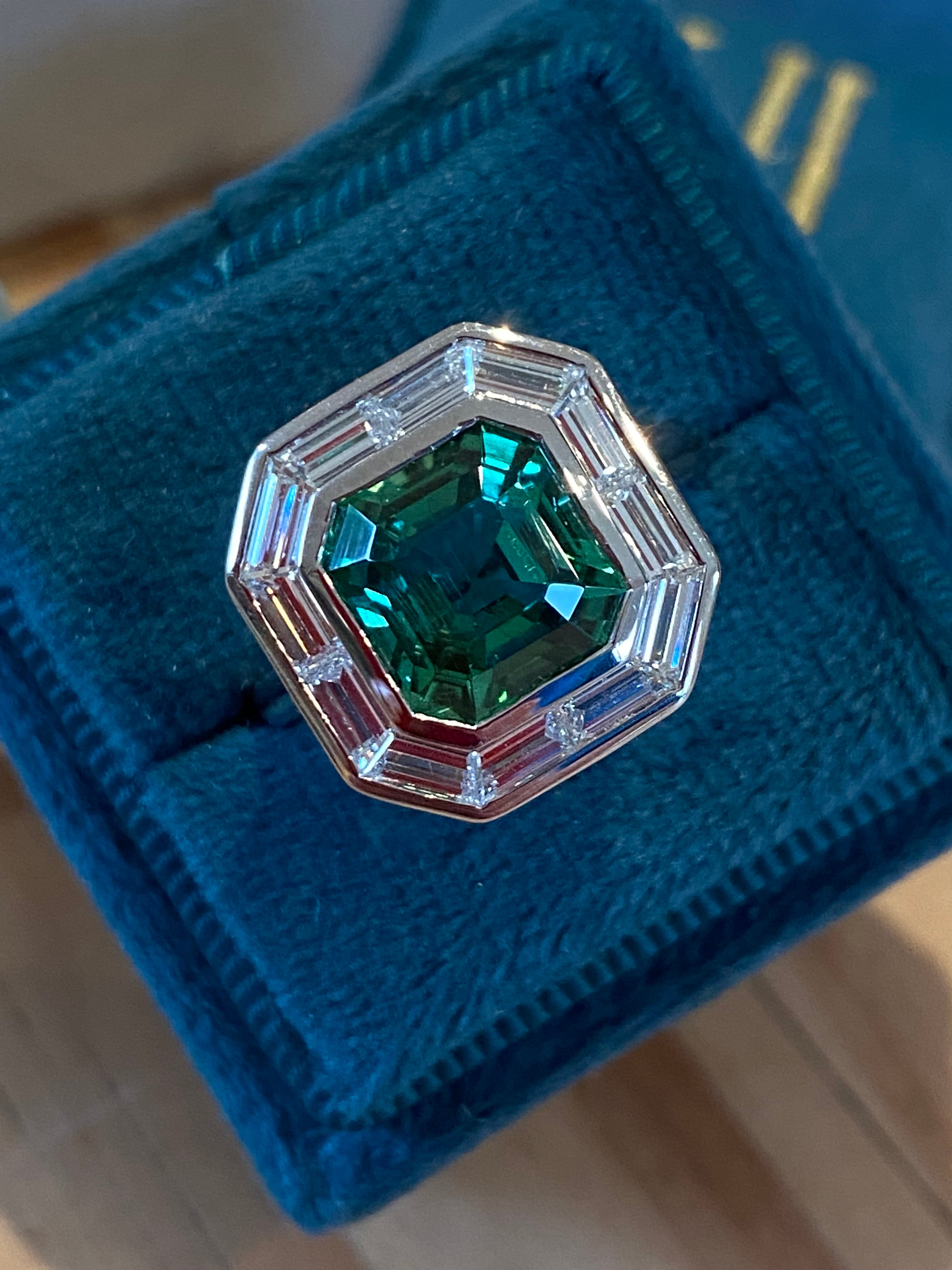 3.98 Carat Mint Tourmaline and 1.15ctw Natural Diamond Ring in Platinum