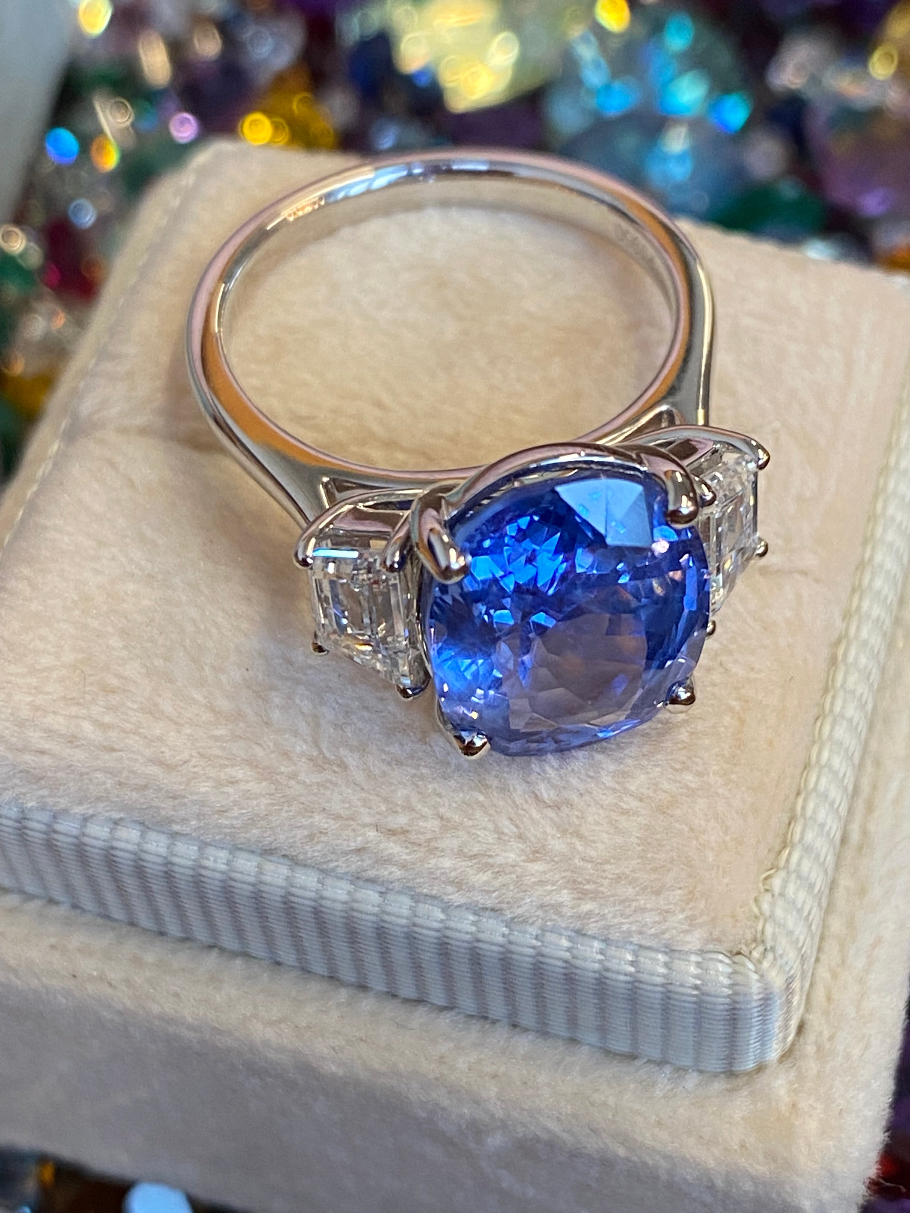6.25 Carat Unheated Blue Ceylon Sapphire and 0.95 Carat Diamond Ring