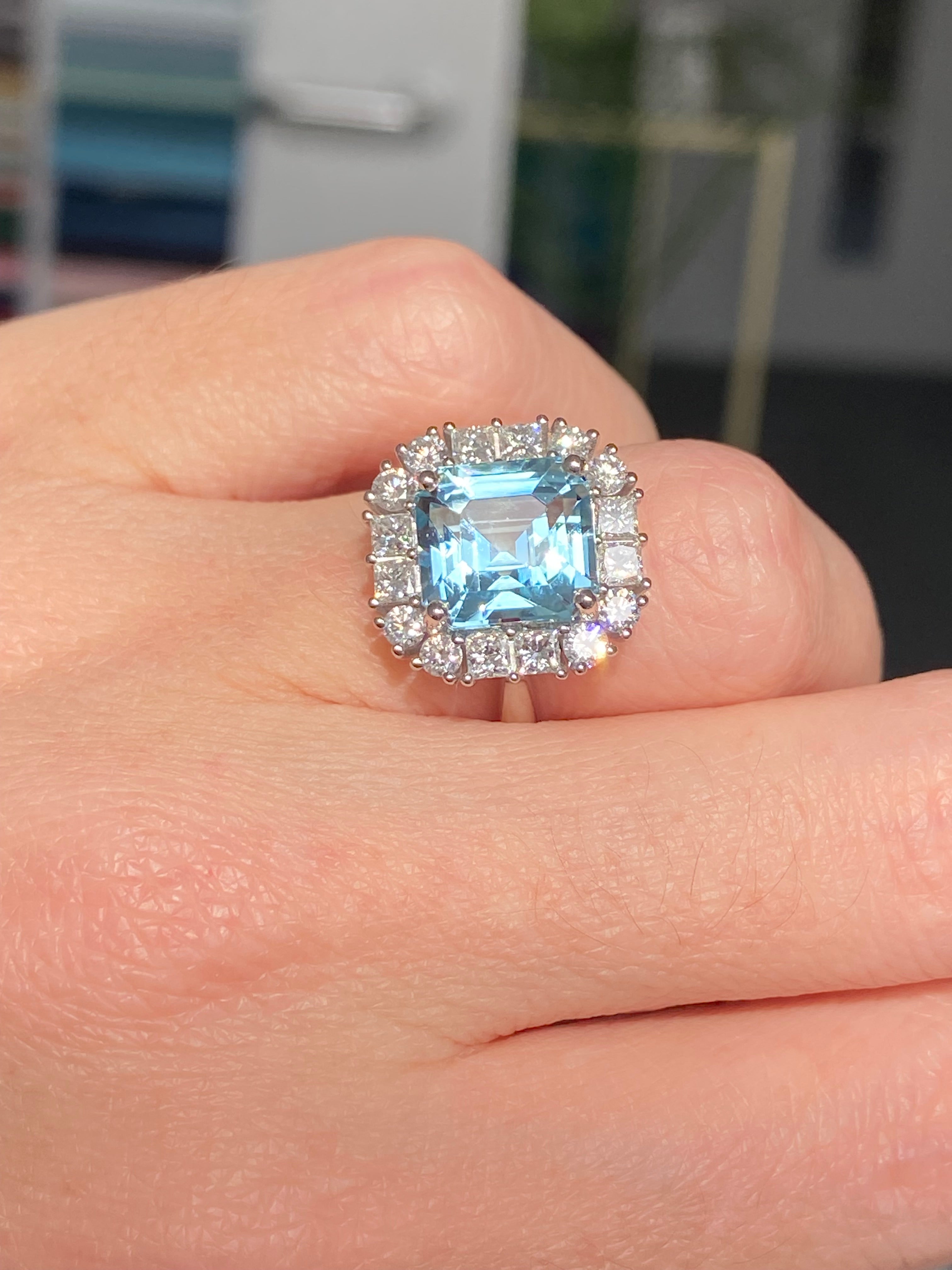 6.11 CTW Emerald Cut Aquamarine and Natural Diamond Halo Engagement Ring in Platinum