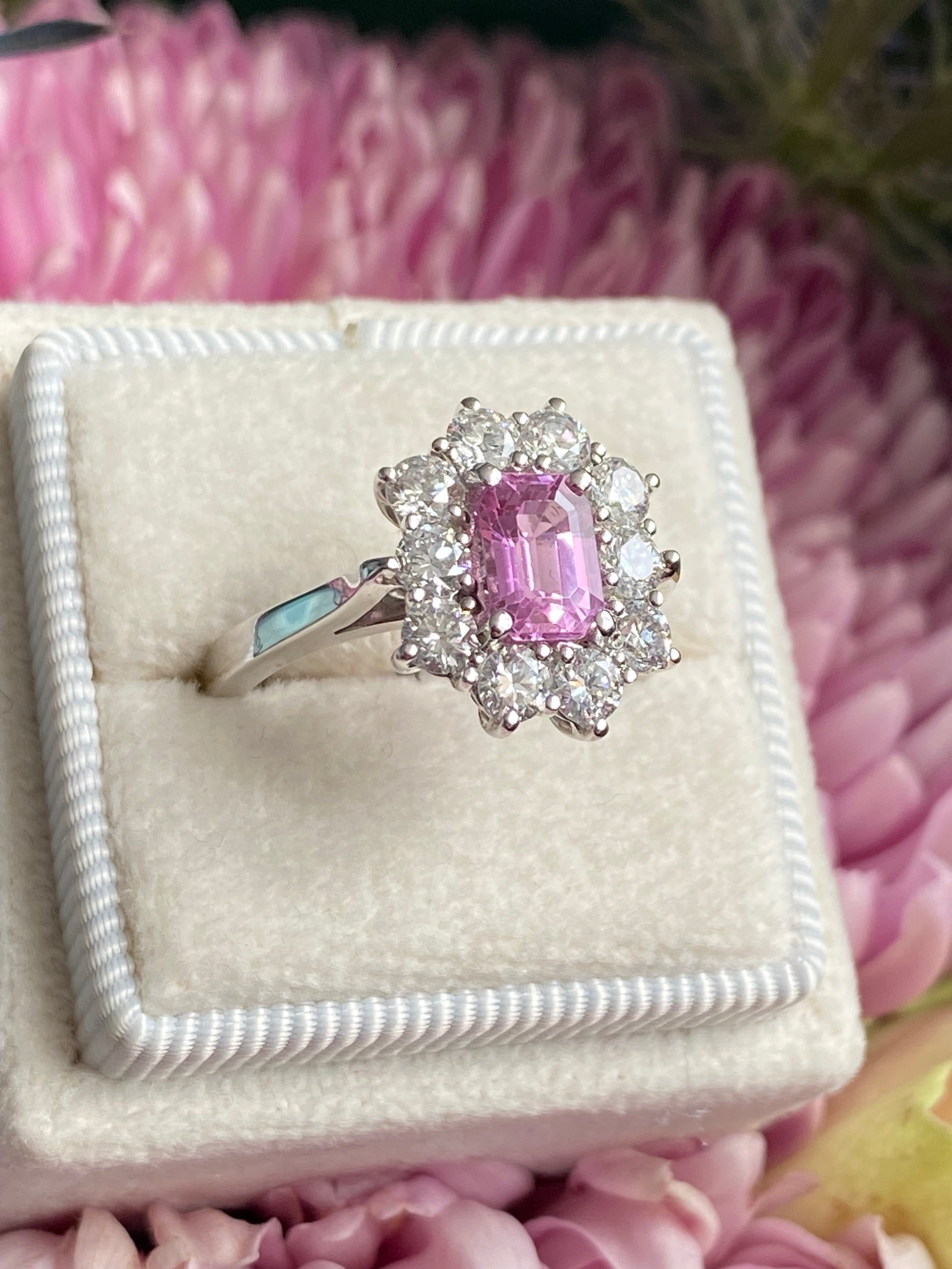 2.33 CTW Emerald Cut Pink Sapphire and Natural Diamond Halo Ring in Platinum