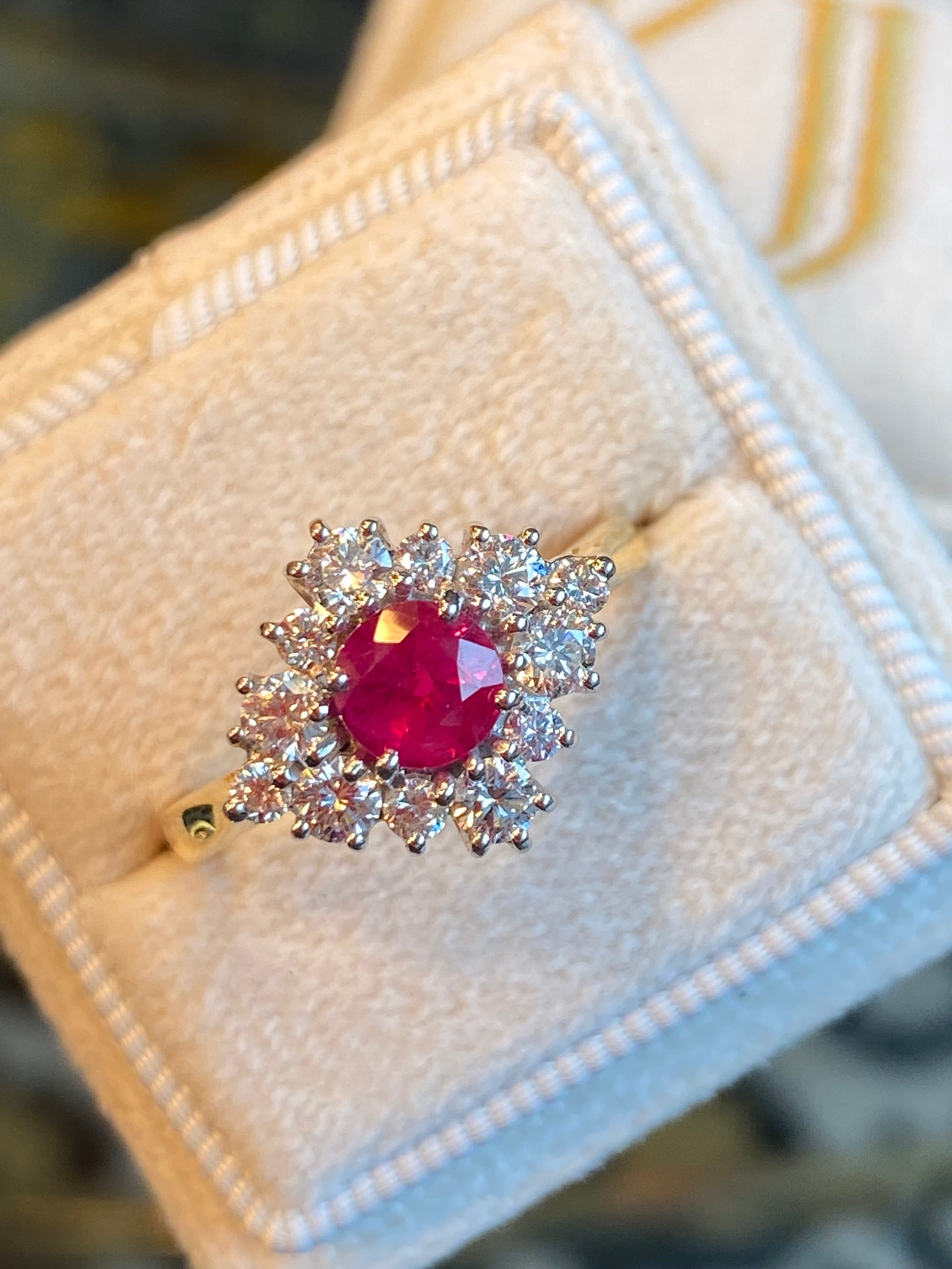 1.31 CTW Round-Cut Ruby and Natural Diamond Halo Ring in 18ct White and Yellow Gold