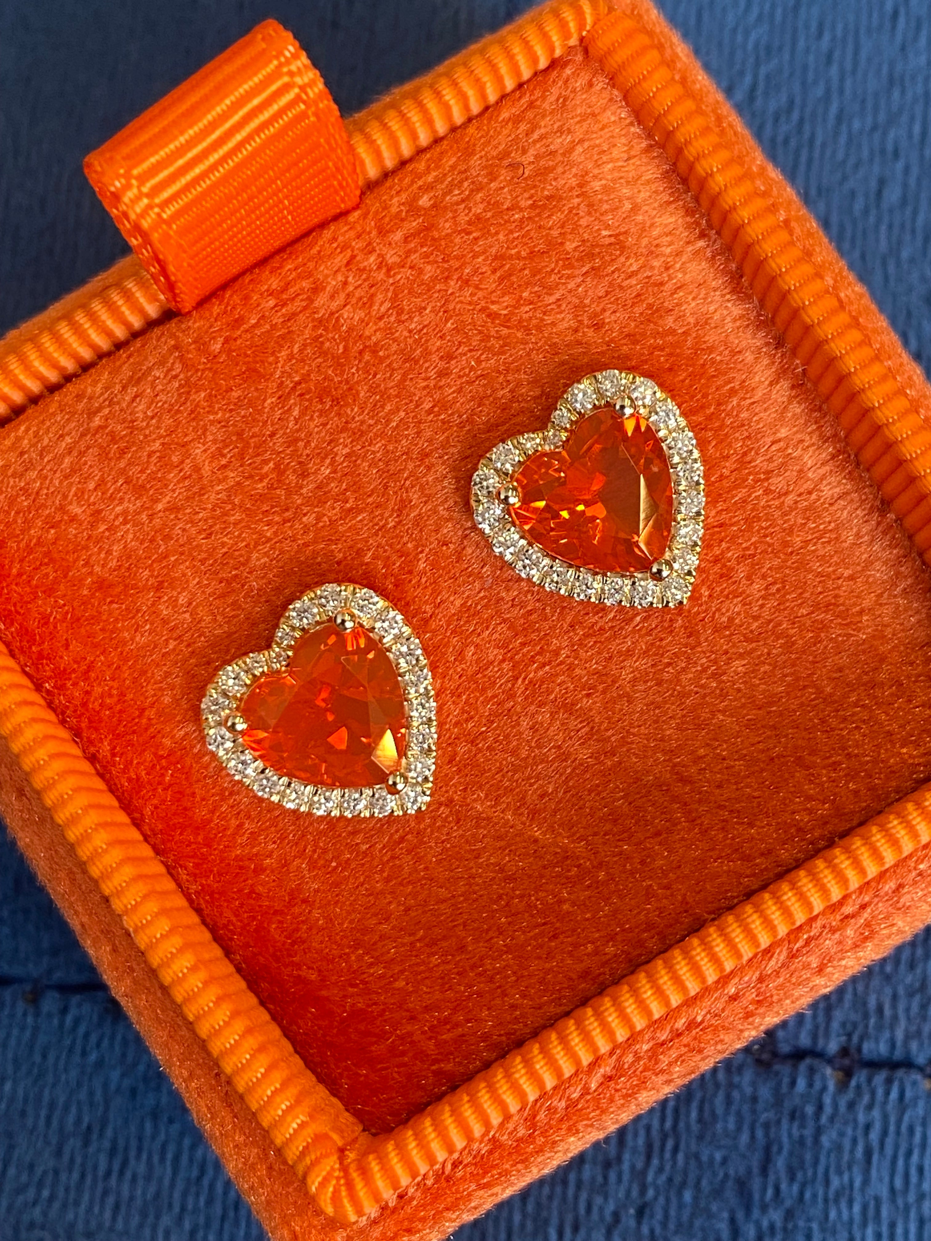 Heart Shaped Fire Opal and Natural Diamond Stud Earrings in 9ct Yellow Gold