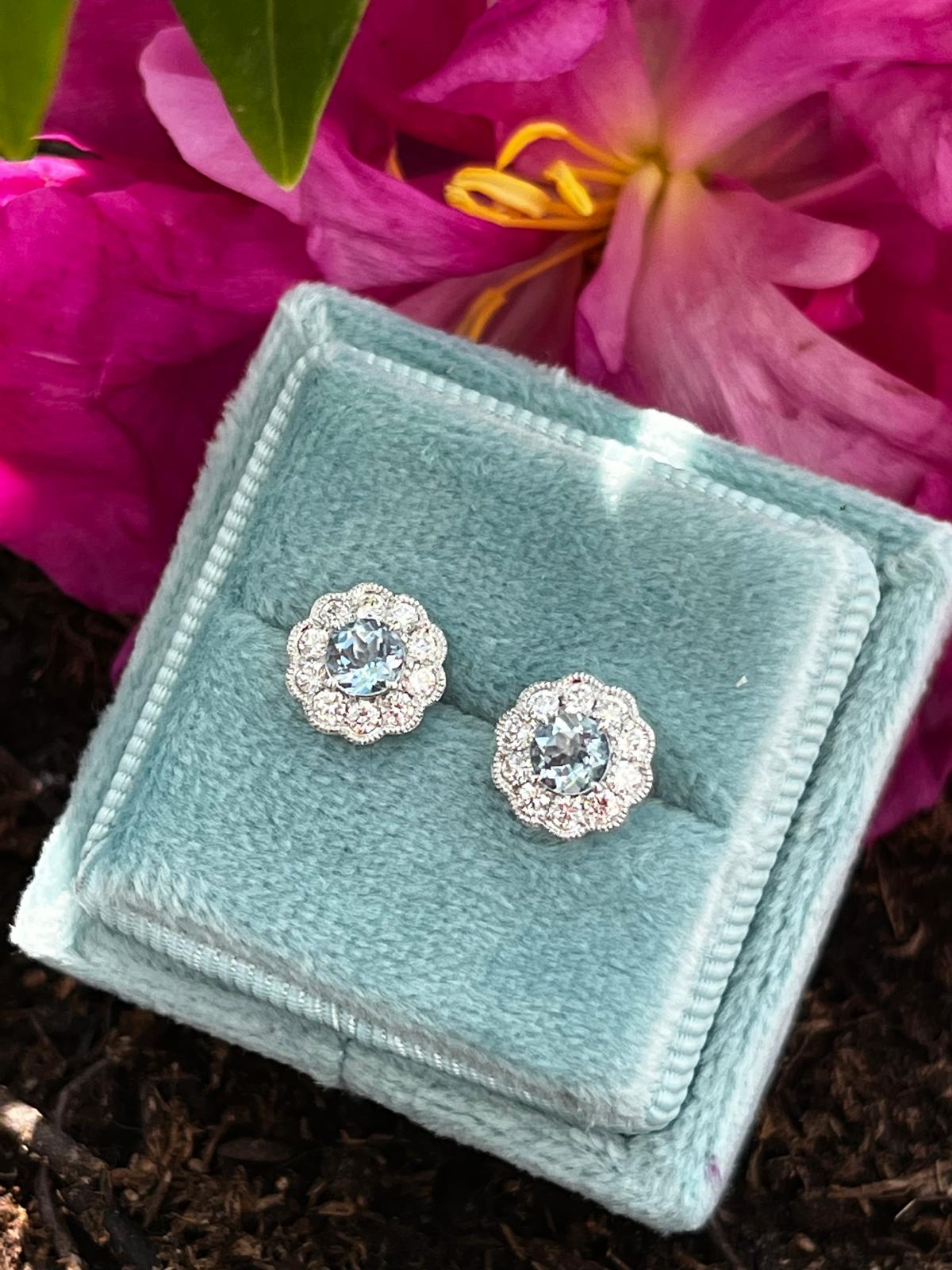 Aquamarine and Natural Diamond Halo Stud Earrings in 18ct White Gold