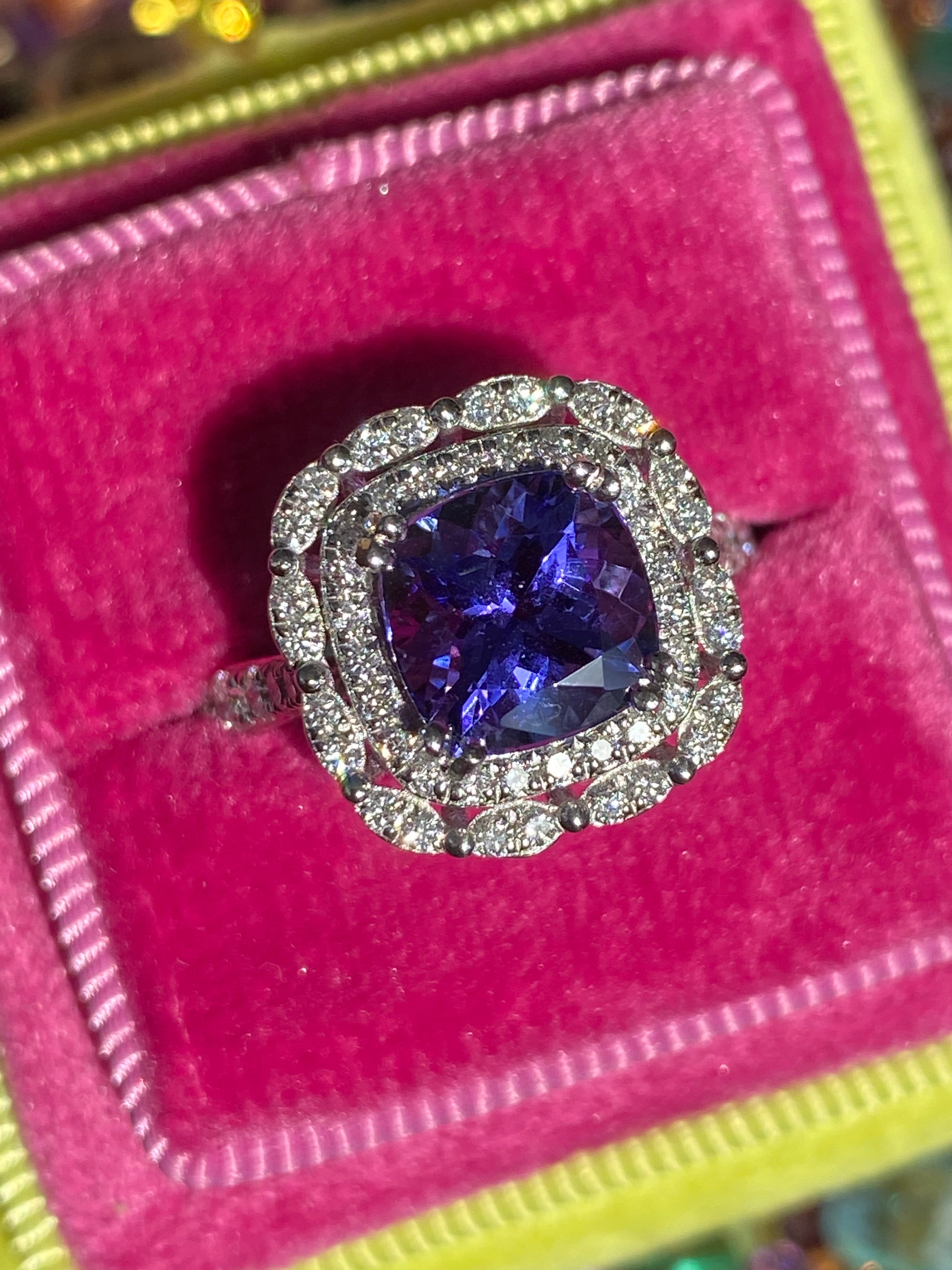 2.36 Carat Cushion Cut Tanzanite and 0.71 ctw Natural Diamond Ring in Platinum