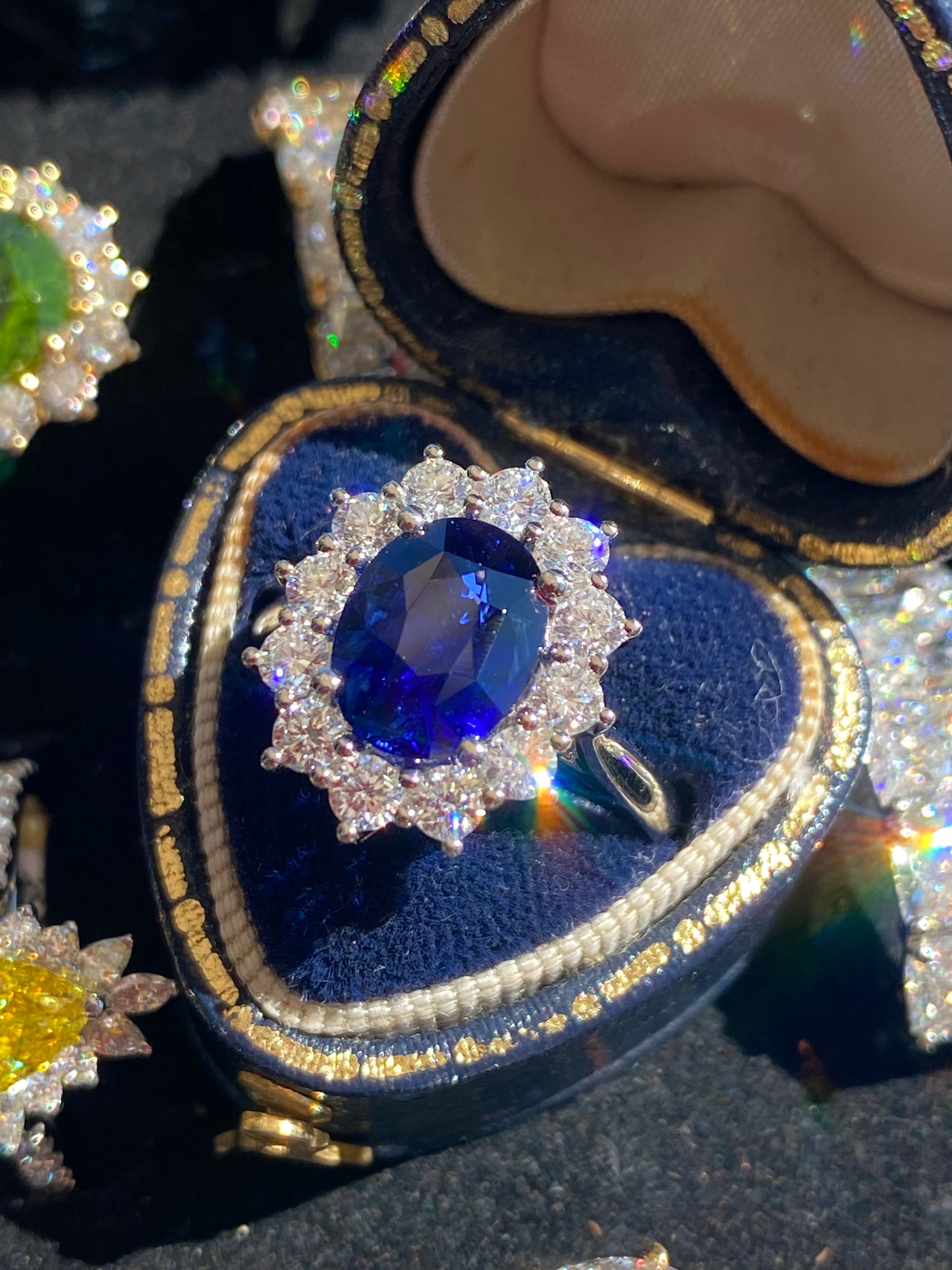 6.37 Carat Gubelin Certed Blue Ceylon Sapphire and 1.80 CTW Natural Diamond Halo Ring in Platinum