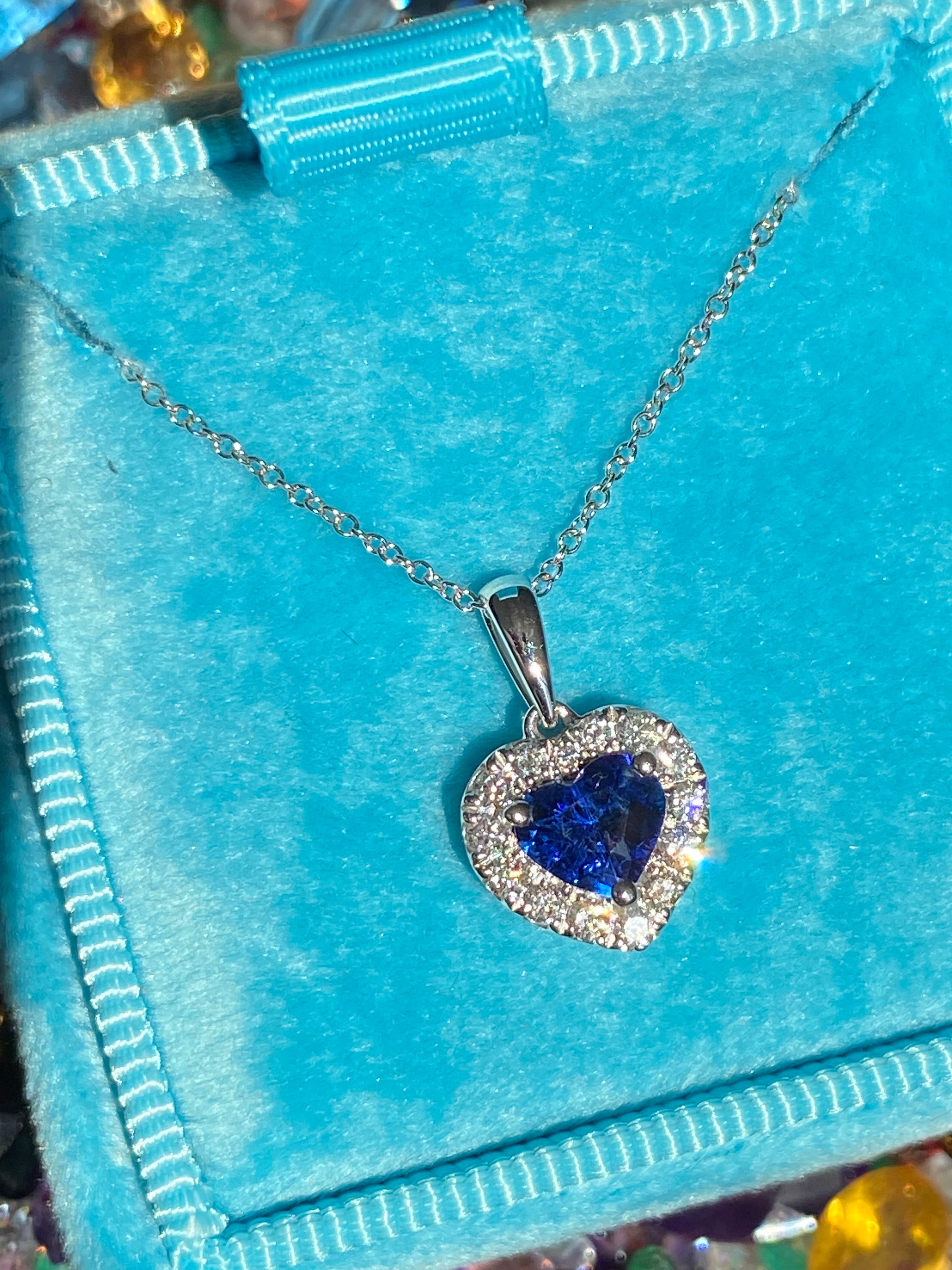 1.11 CTW Heart Shaped Ceylon Sapphire and Natural Diamond Pendant Necklace in 18ct White Gold