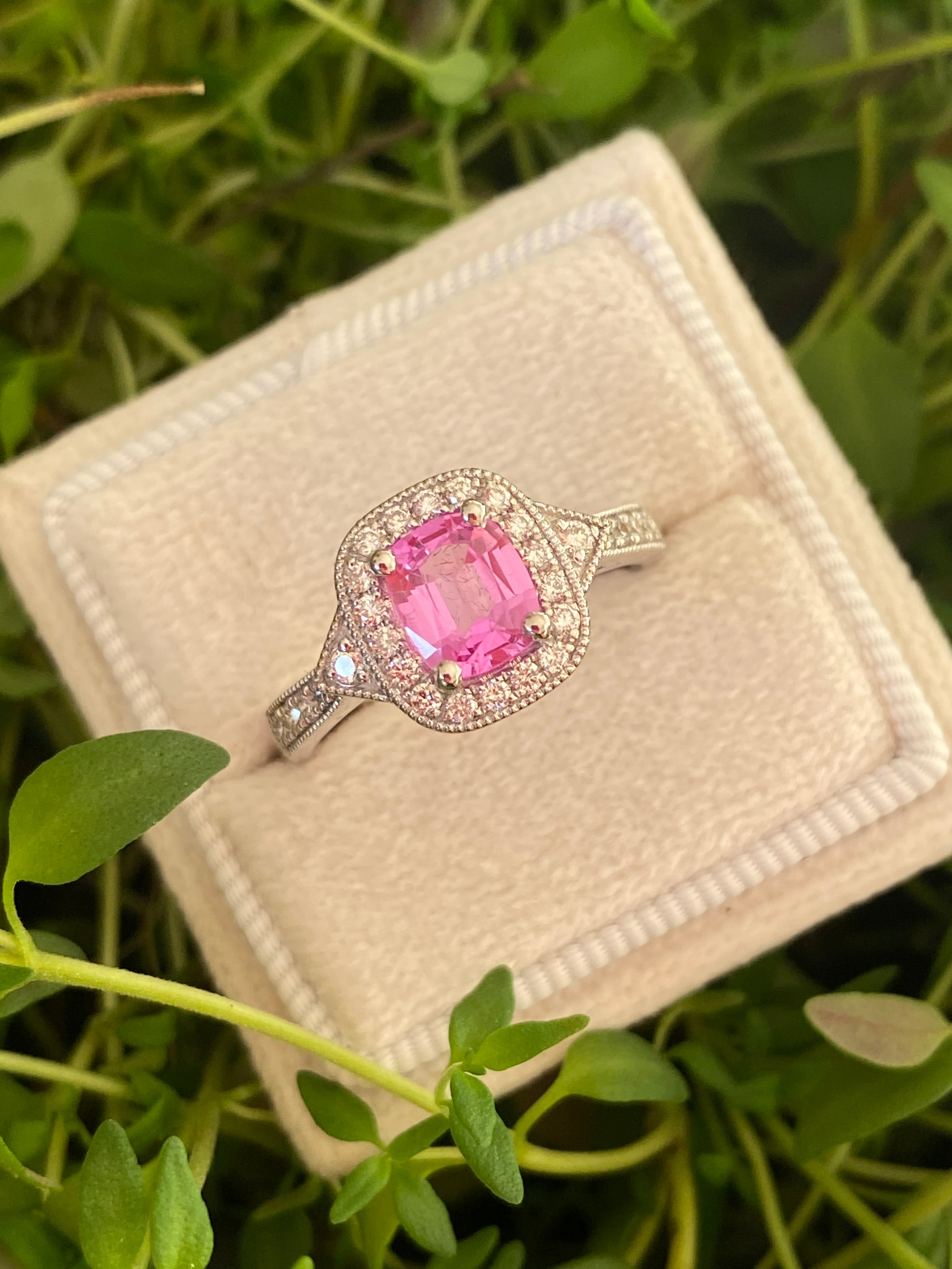 0.98 Carat Cushion Cut Pink Sapphire and 0.28 CTW Natural Diamond Halo Ring in Platinum