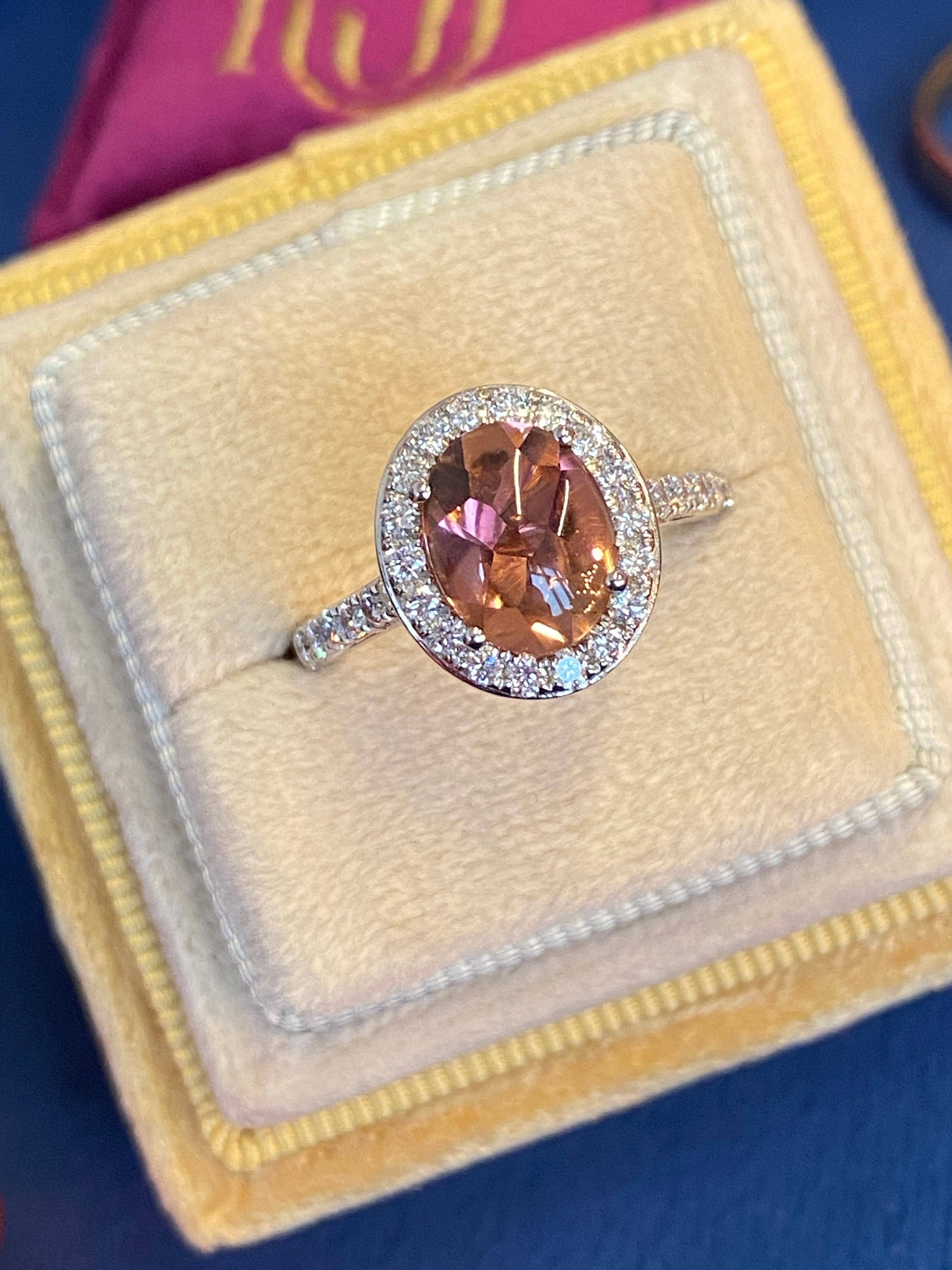 2.23 CTW Cabochon Cut Pink Tourmaline and Natural Diamond Ring in Platinum