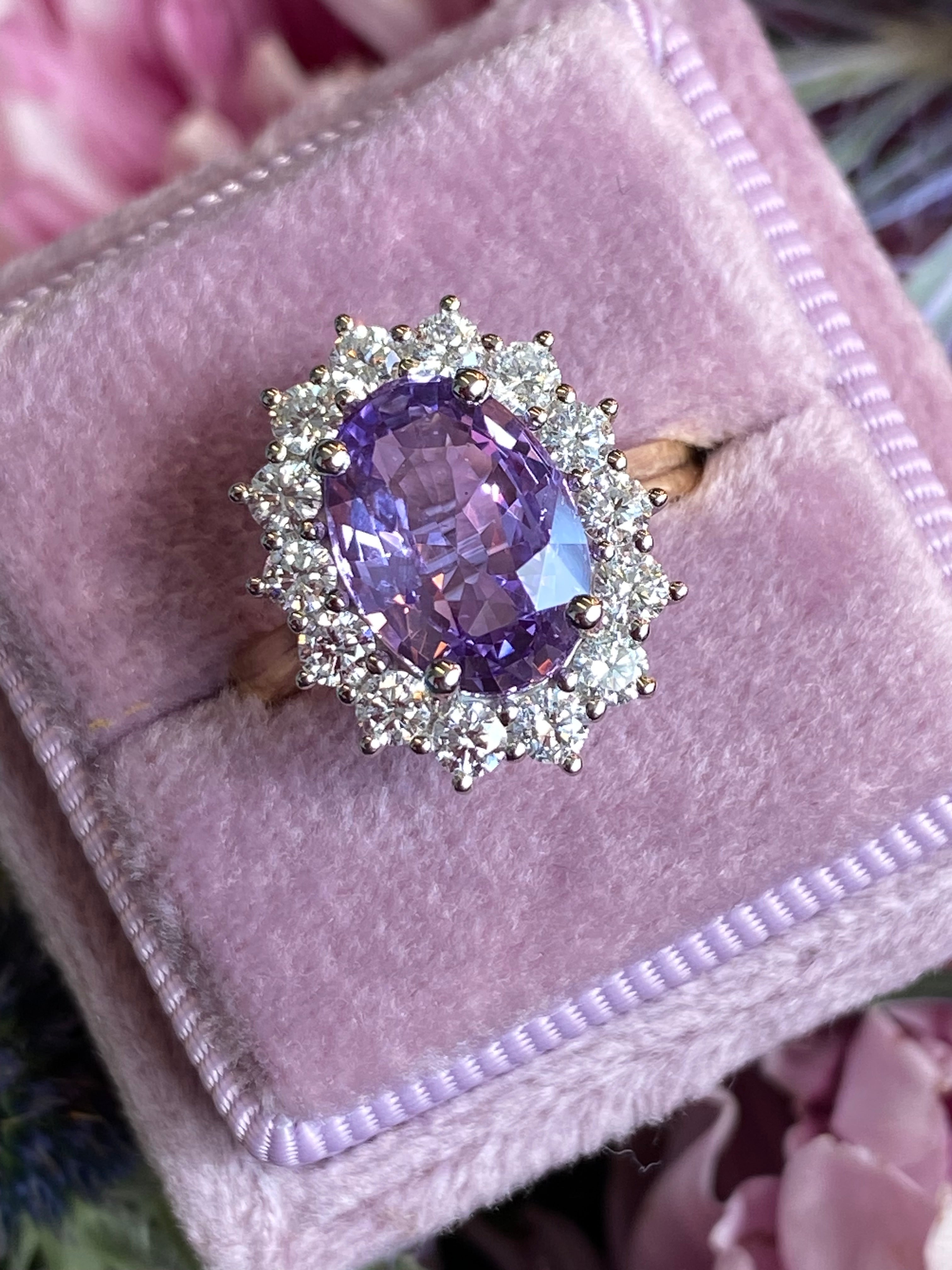 3.52 Carat No Heat Purple Sapphire and Natural Diamond Halo Ring in Platinum and 18ct Yellow Gold