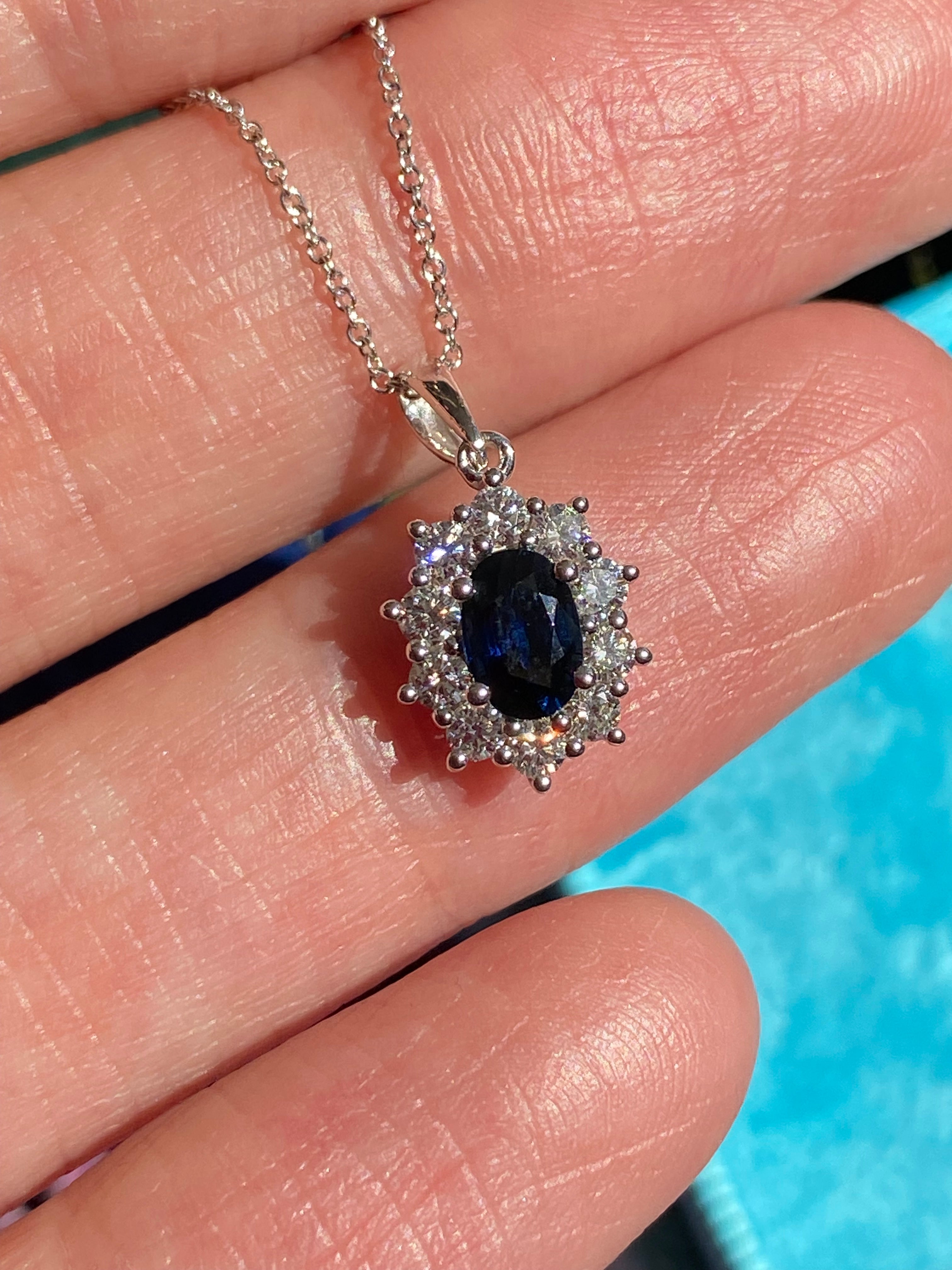 1.02 CTW Sapphire and Natural Diamond Pendant Necklace in 18ct White Gold