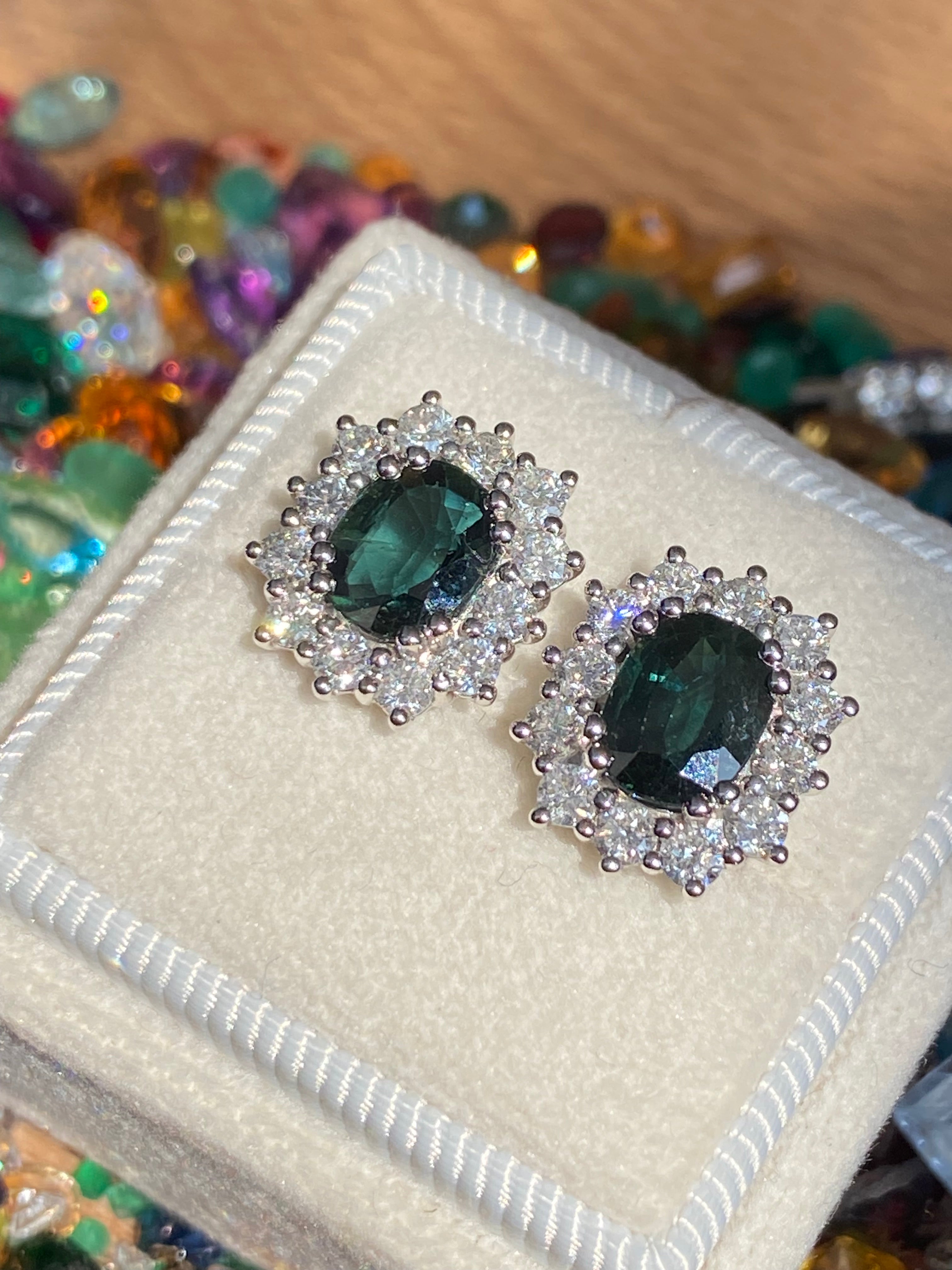3.77 CTW Teal Sapphire and Natural Diamond Halo Stud Earrings in 18ct White Gold