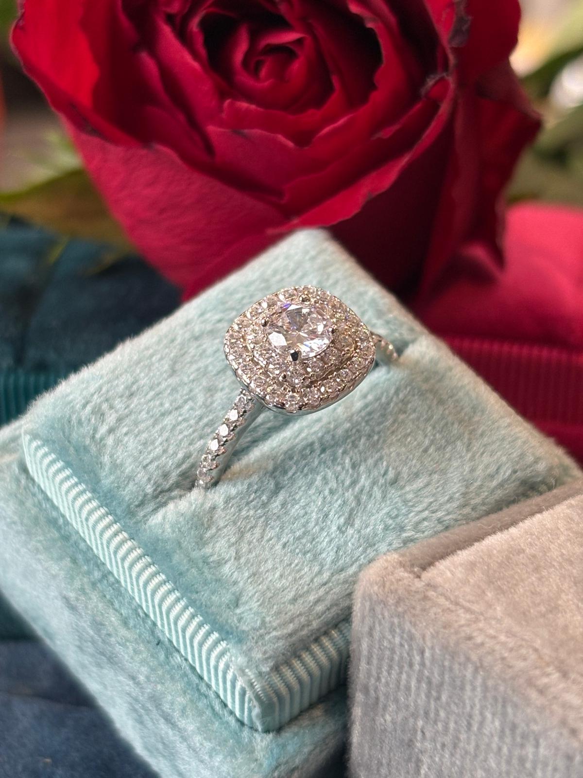 Round Cut Moissanite Double Halo Engagement and Wedding / Eternity Ring Set in Sterling Silver