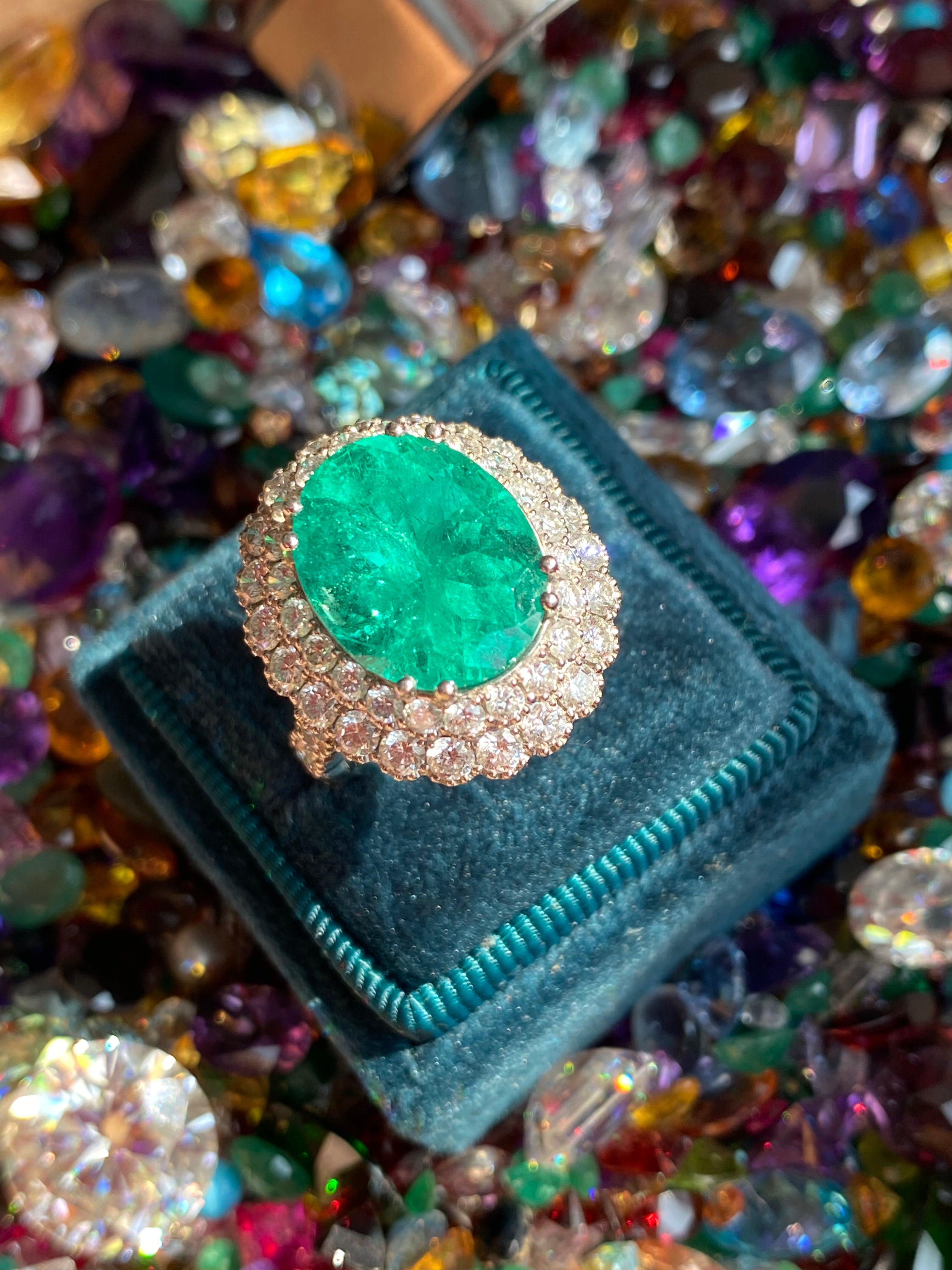 9.10 CTW Colombian Emerald and Natural Diamond Double Halo Ring in Platinum