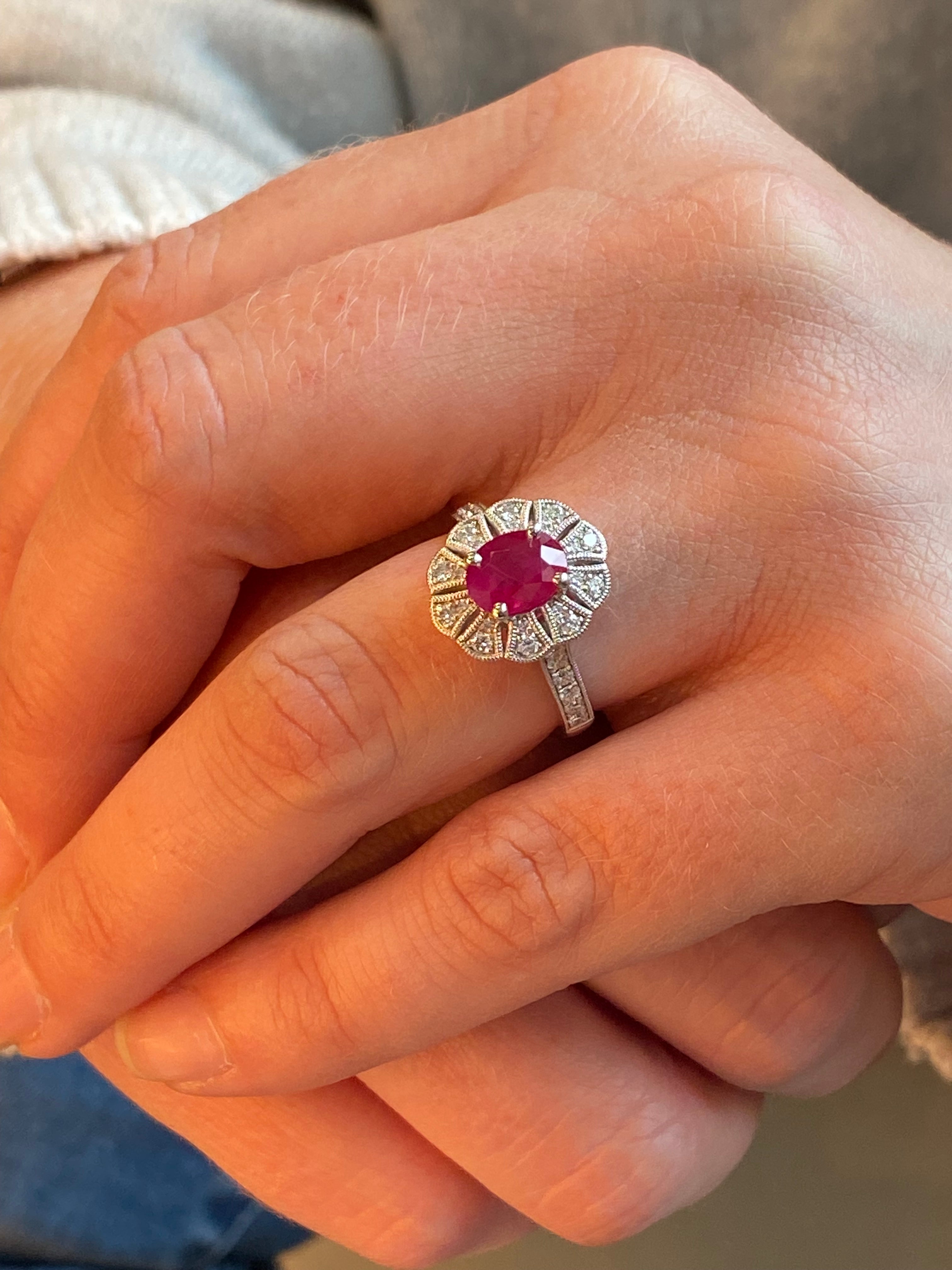 1.71 CTW Oval Cut Ruby and Diamond Art Deco Style Ring in Platinum