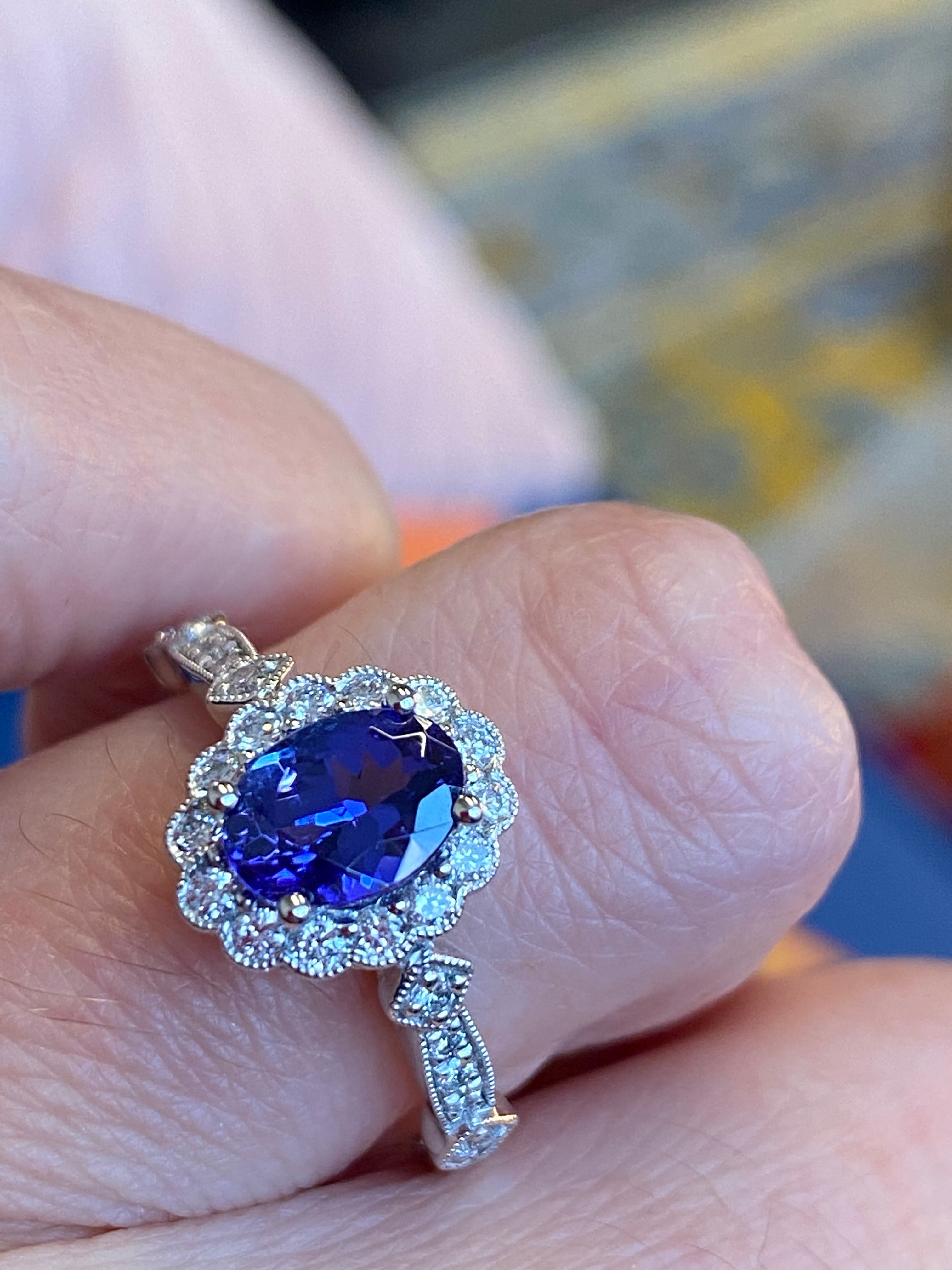 1.44 CTW Tanzanite and Natural Diamond Halo Ring in Platinum