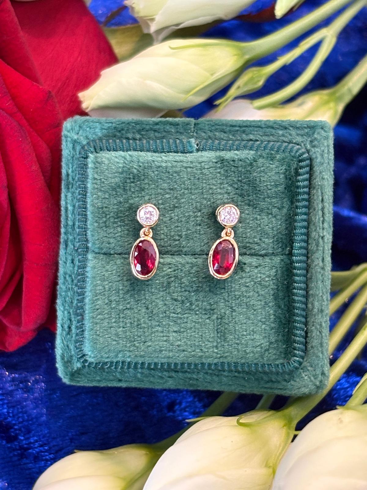 Beautiful Ruby and Diamond Stud Drop Earrings in 18ct Yellow Gold