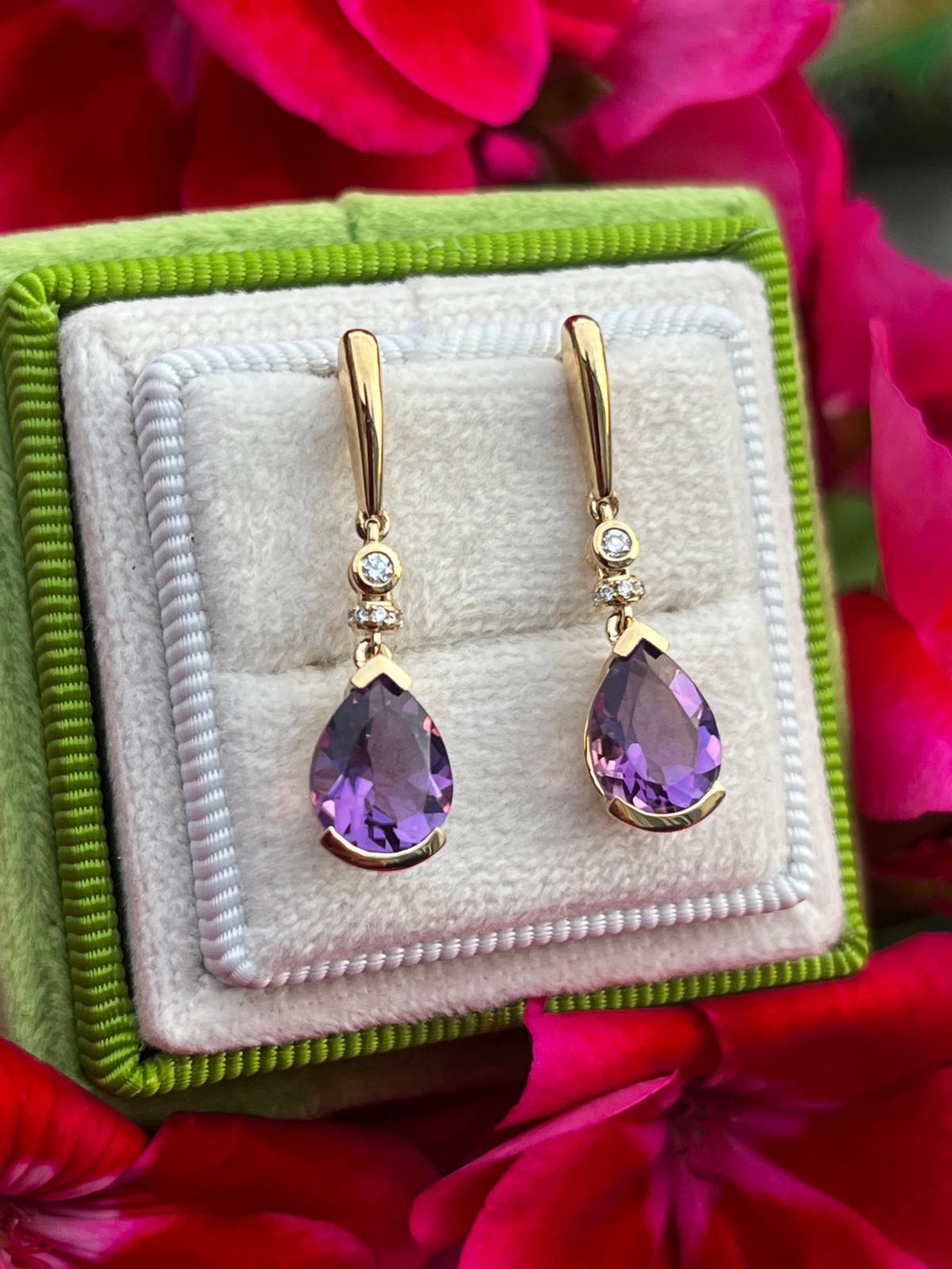 2.99 CTW Amethyst and Diamond Drop Earrings in 18ct Yellow Gold