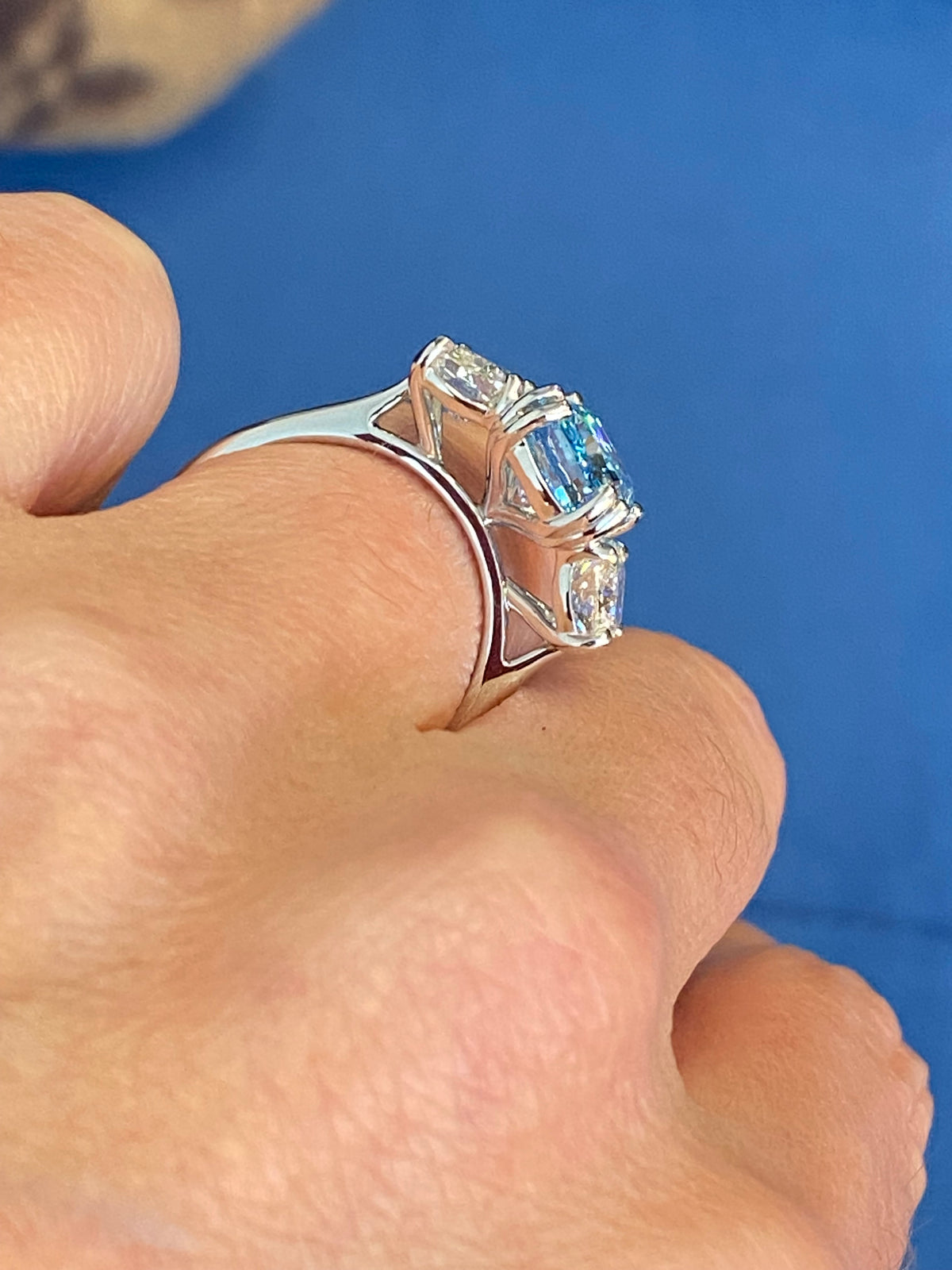 6.60 CTW Fancy Blue Cushion Cut Lab Diamond Graduated Three Stone Ring in Platinum