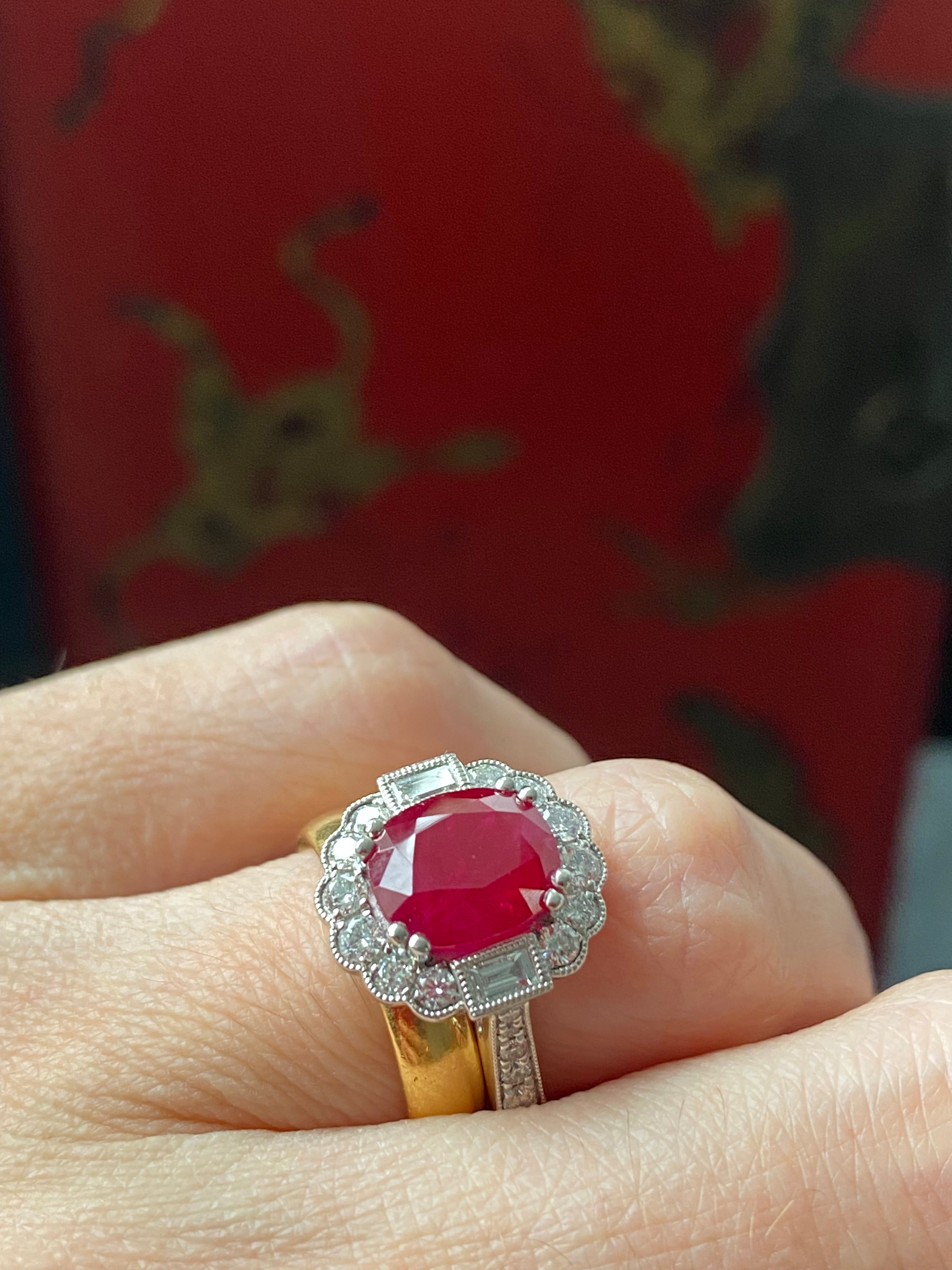 3.54 Carat Oval-Cut Ruby and 0.77 ctw Natural Diamond Halo Ring in Platinum