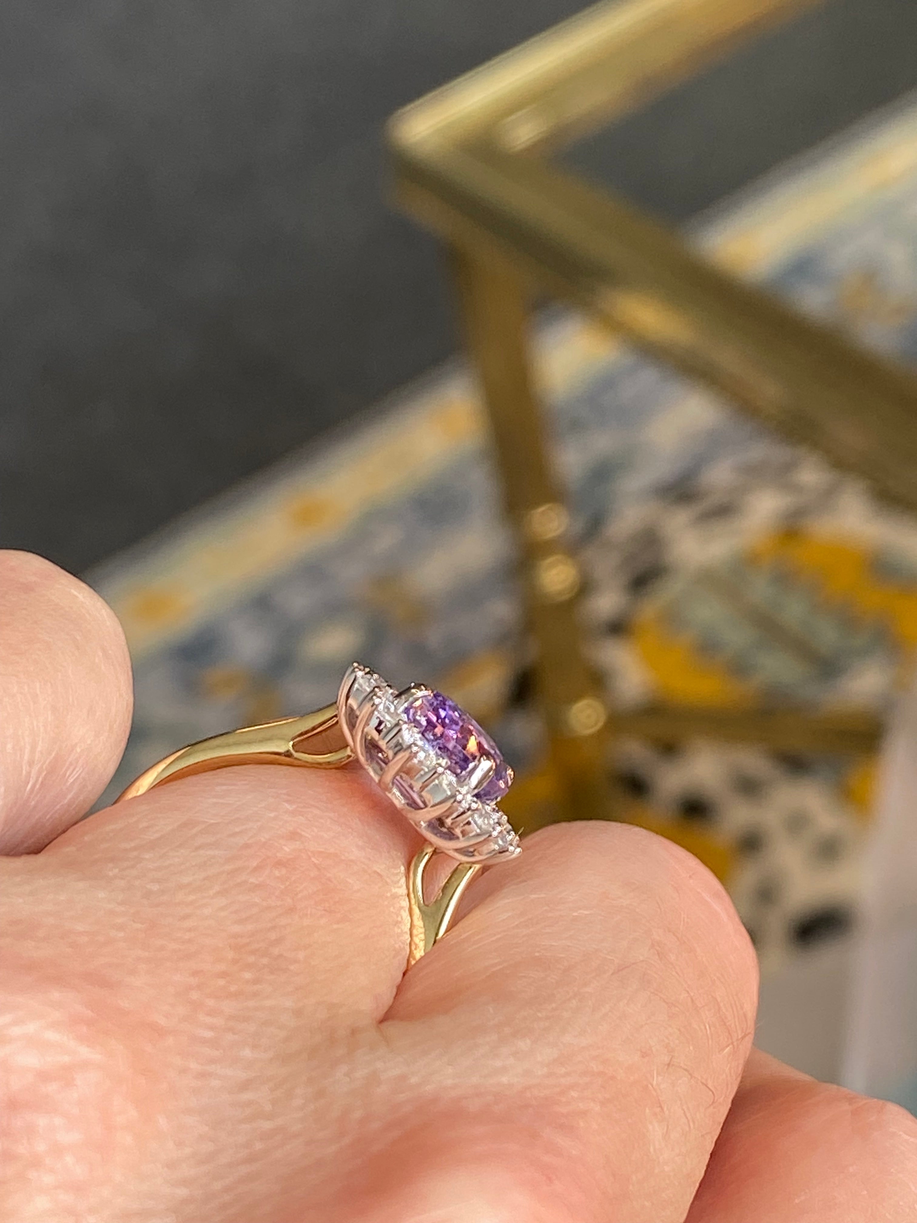3.52 Carat No Heat Purple Sapphire and Natural Diamond Halo Ring in Platinum and 18ct Yellow Gold