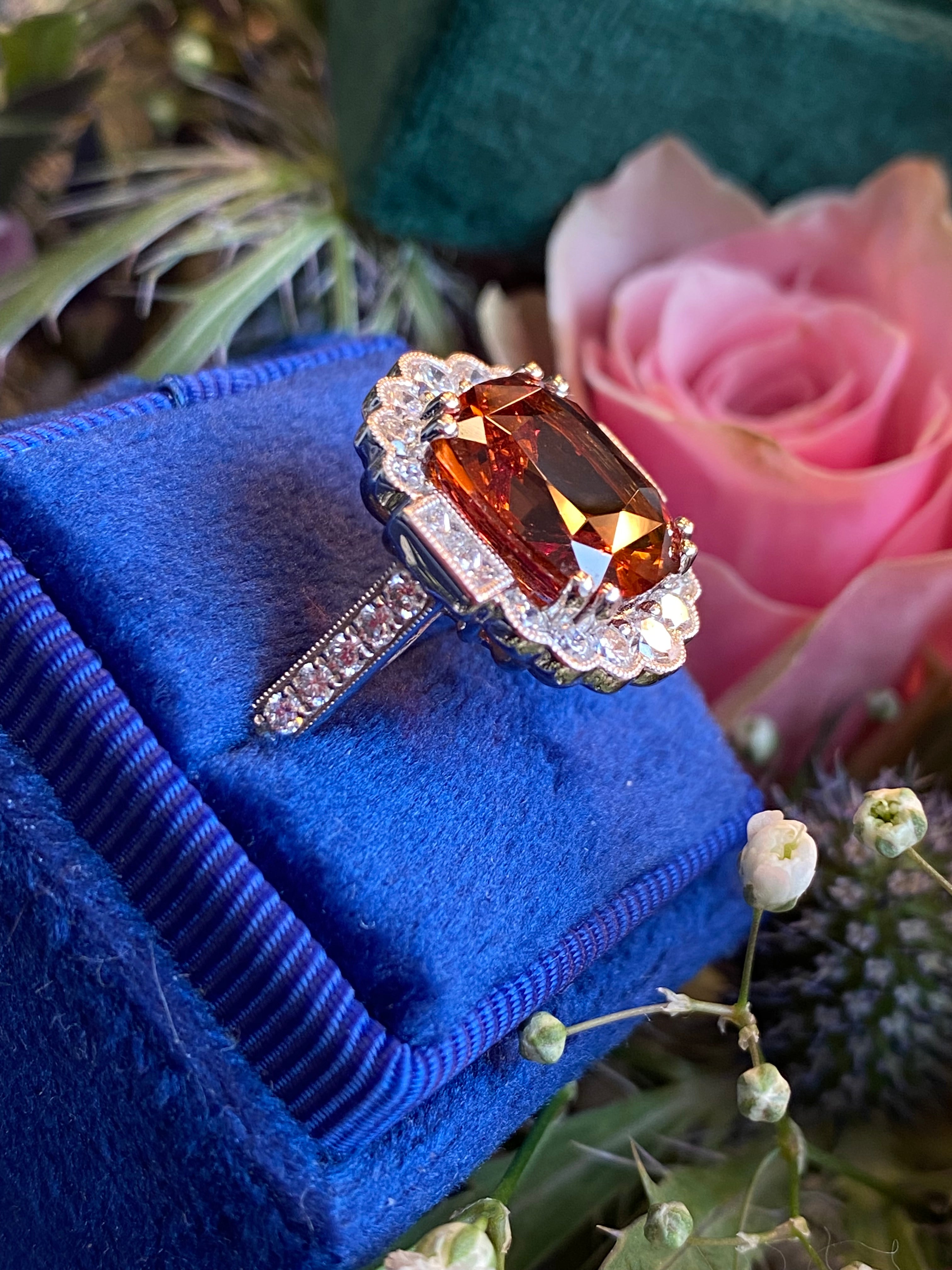 5.95 Carat Hessonite Garnet and 1.03ctw Natural Diamond Ring in Platinum