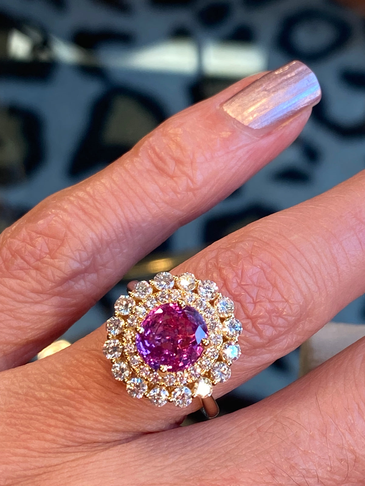 3.45 CTW Round Cut Pink Sapphire and Natural Diamond Halo Engagement Ring in 18ct Yellow Gold