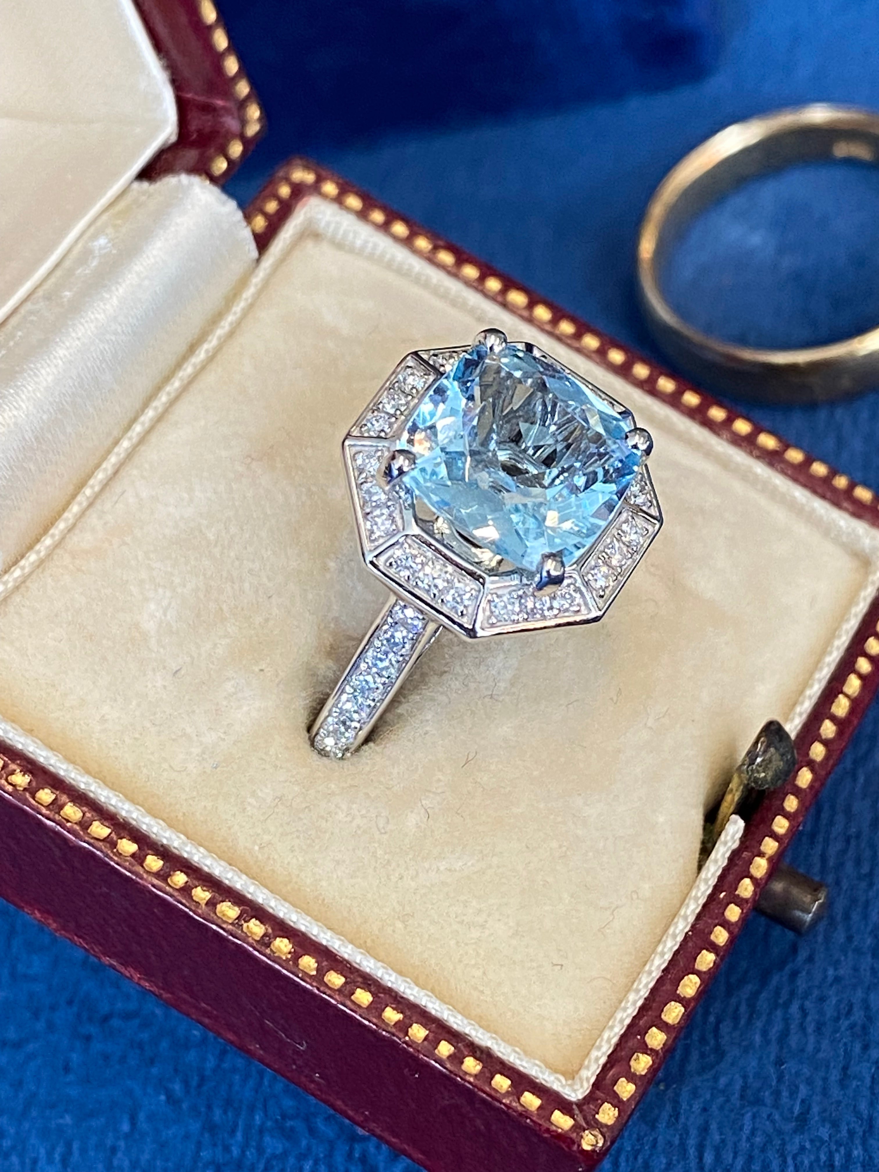 3.03 CTW Cushion Cut Art Deco Style Aquamarine and Natural Diamond Halo Engagement Ring in Platinum