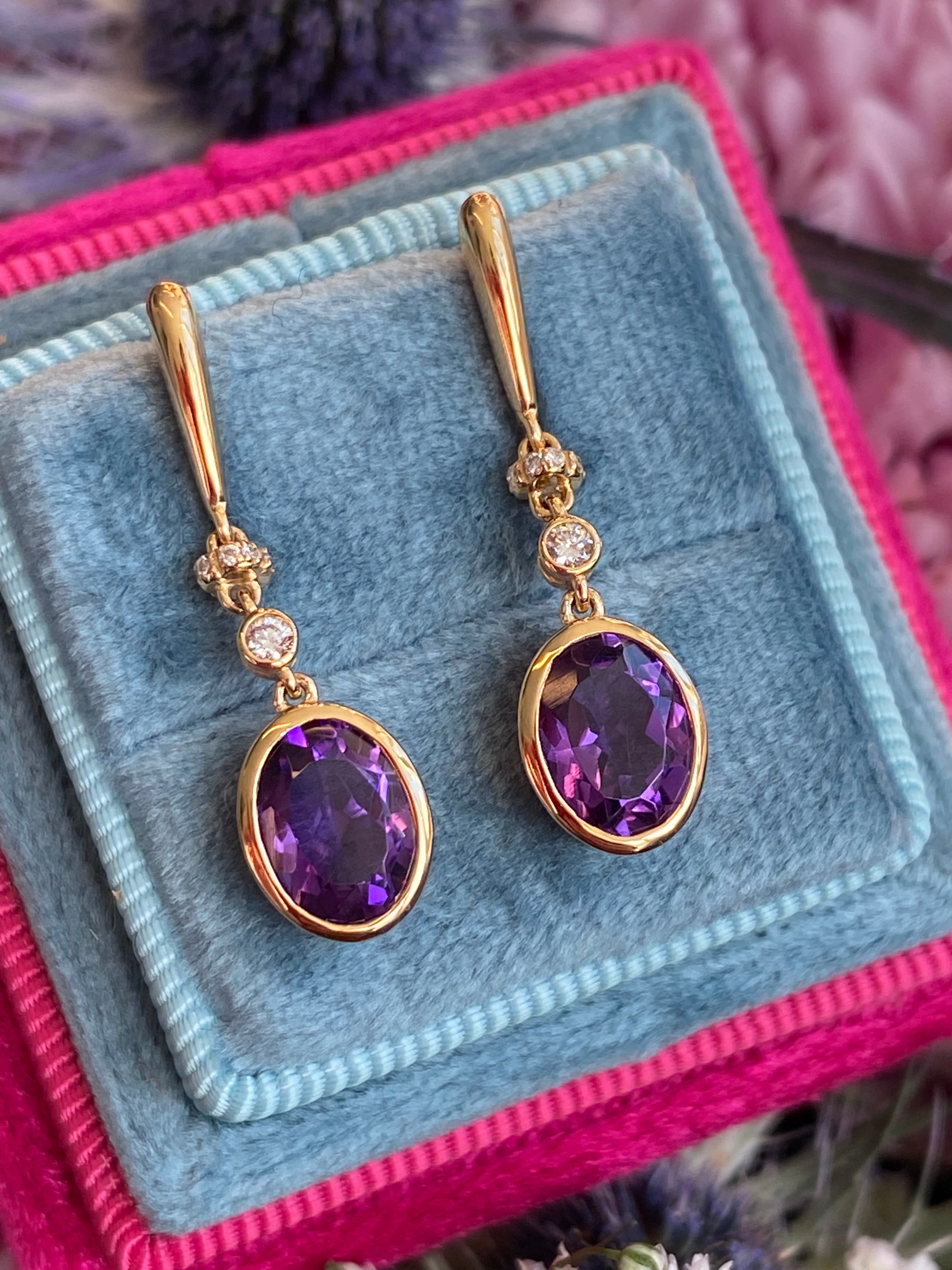 2.47 CTW Amethyst and Diamond Drop Earrings in 18ct Yellow Gold