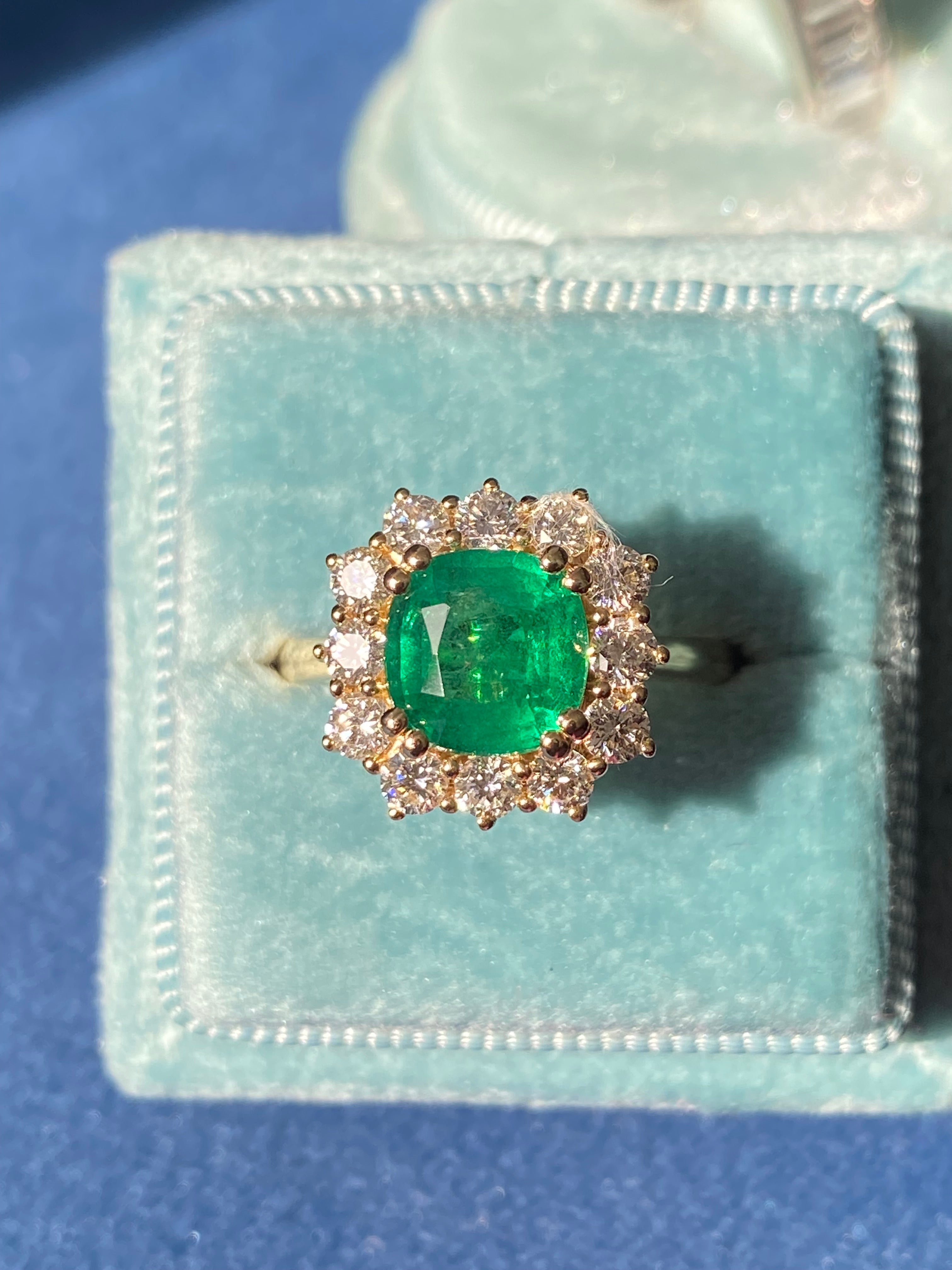 Masterpiece Cushion Cut Emerald and Natural Diamond Halo Ring in 18ct Yellow Gold