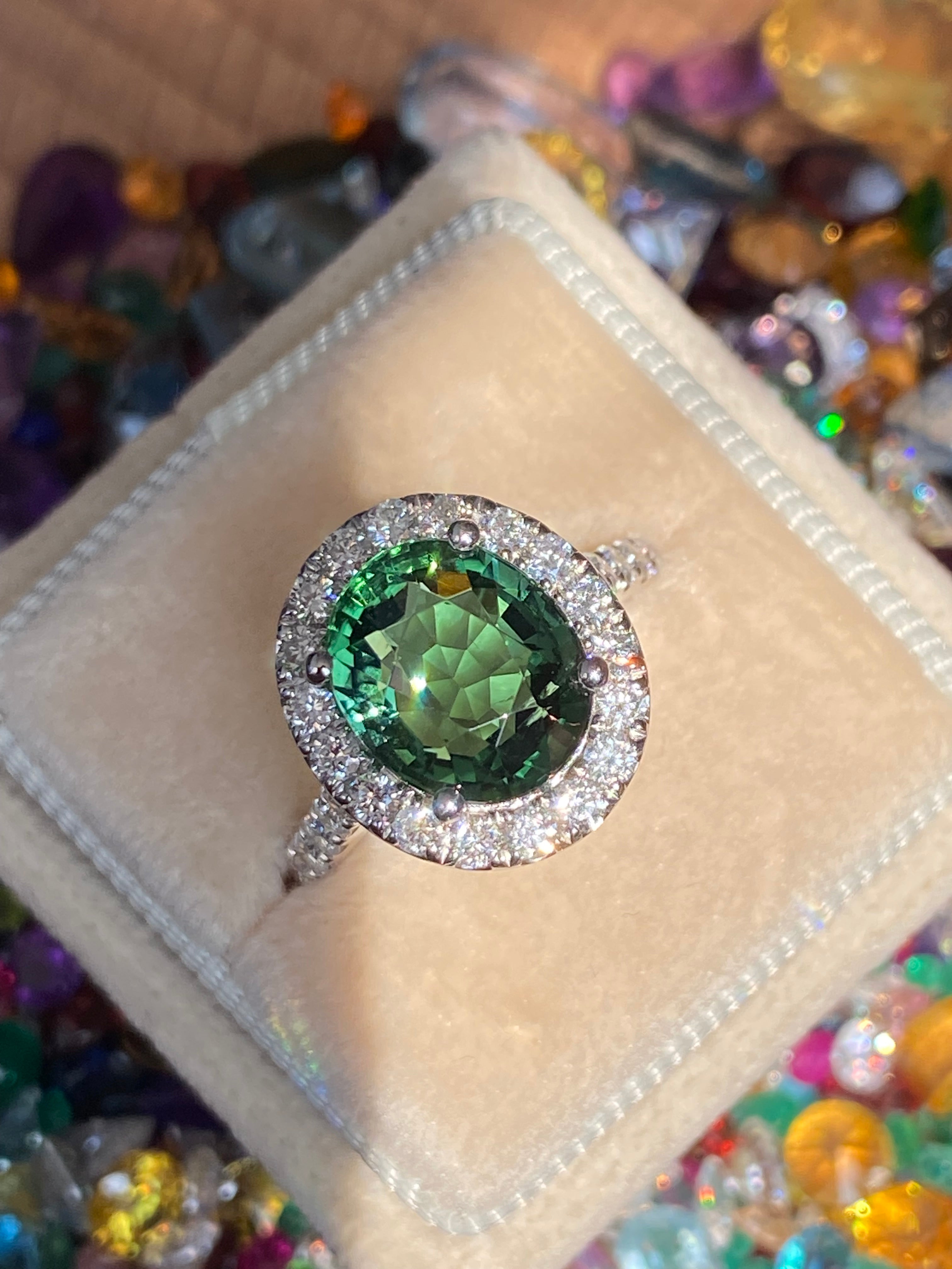 5.45 CTW Green Tourmaline and Natural Diamond Halo Ring in Platinum