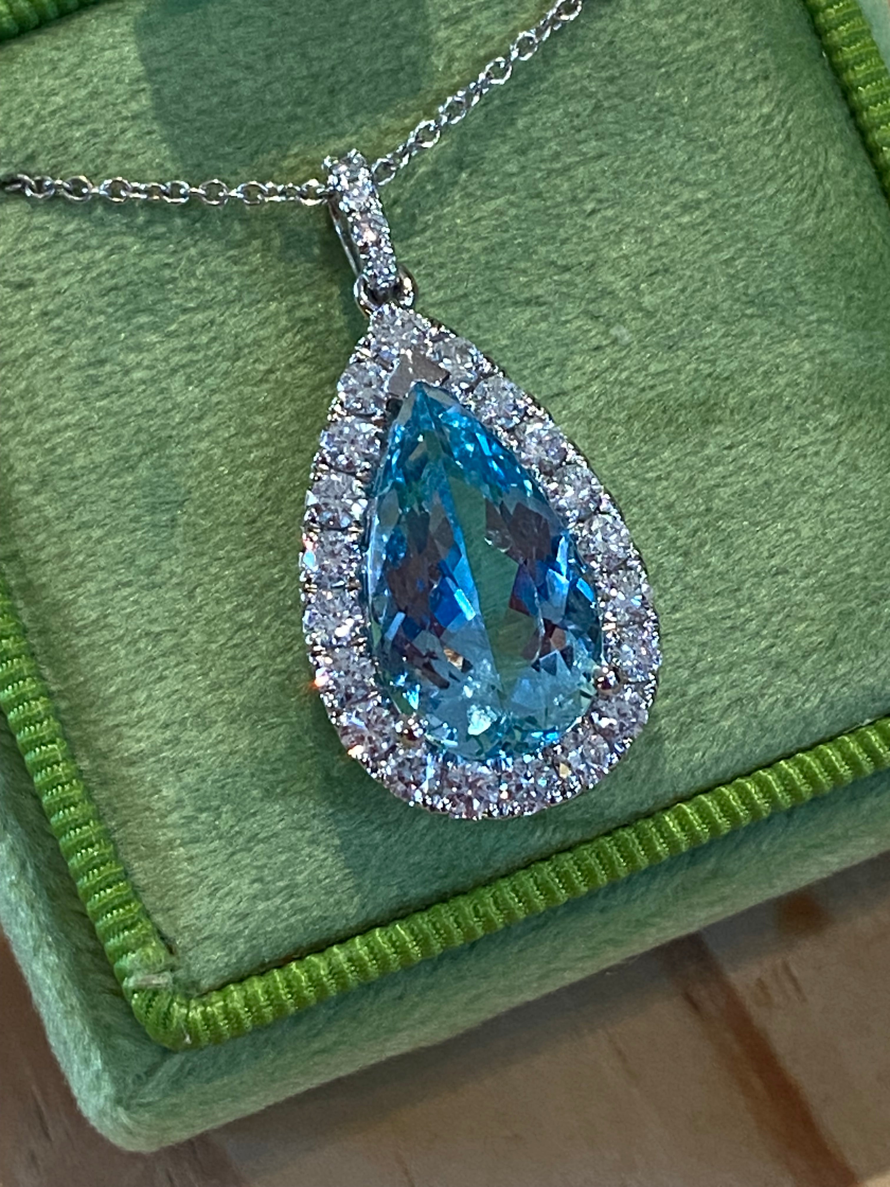 5.14 CTW Pear Cut Aquamarine and Natural Diamond Pendant Necklace in 18ct White Gold