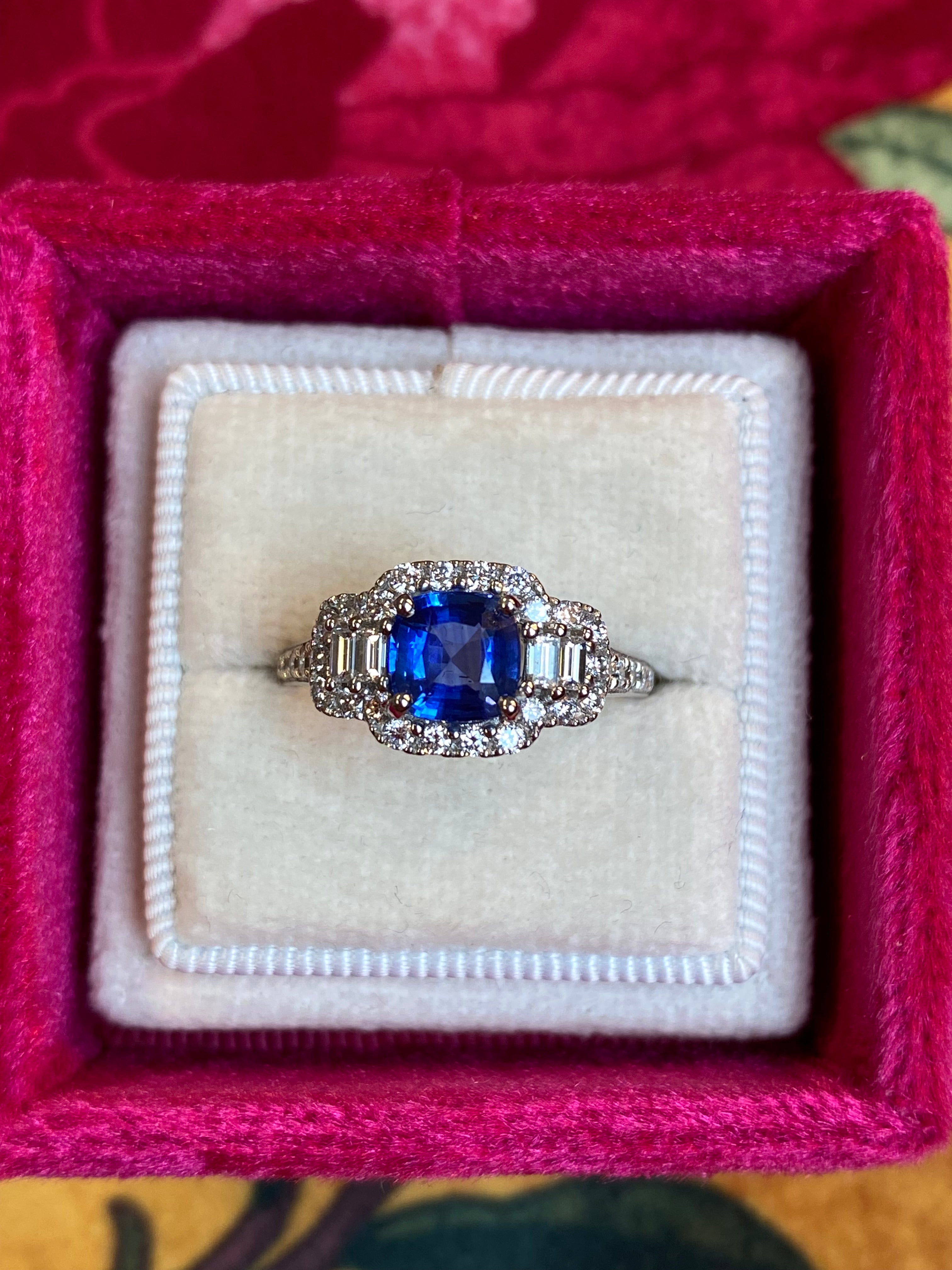 1.83 CTW Blue Ceylon Sapphire and Natural Diamond Three Stone Engagement Ring in Platinum