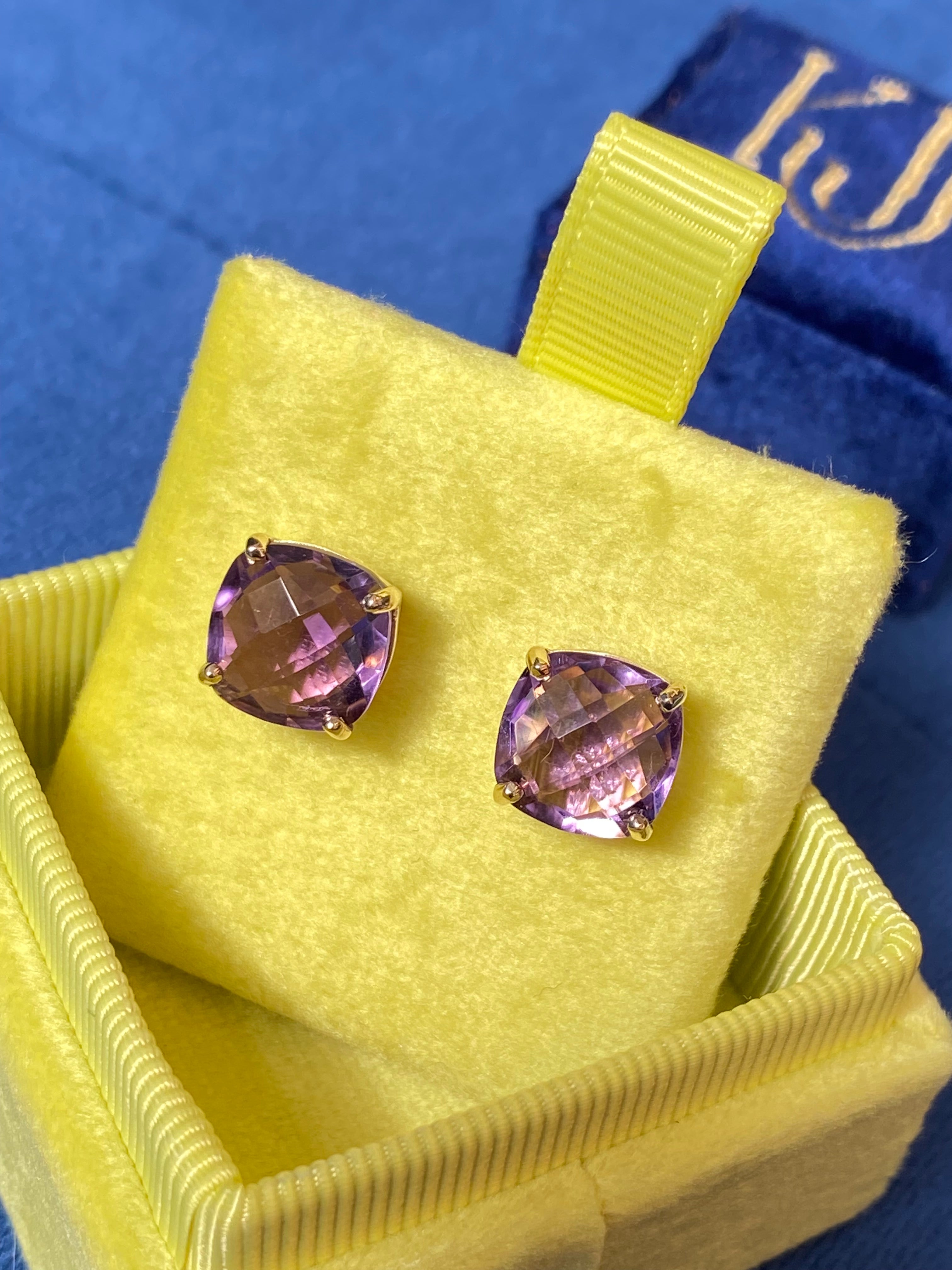 Cushion Chequerboard Cut Rose De France Amethyst Stud Earrings in 9ct Yellow Gold