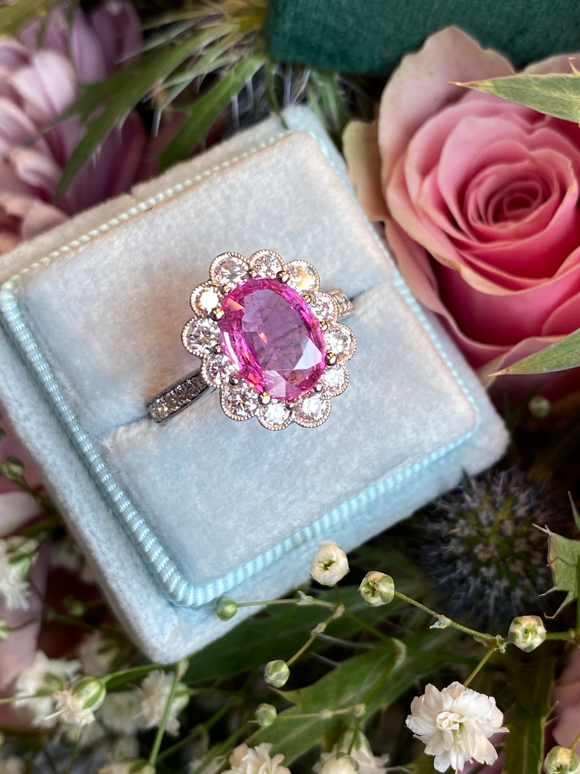 2.92 CTW Oval Cut Pink Sapphire and Natural Diamond Halo Engagement Ring in Platinum
